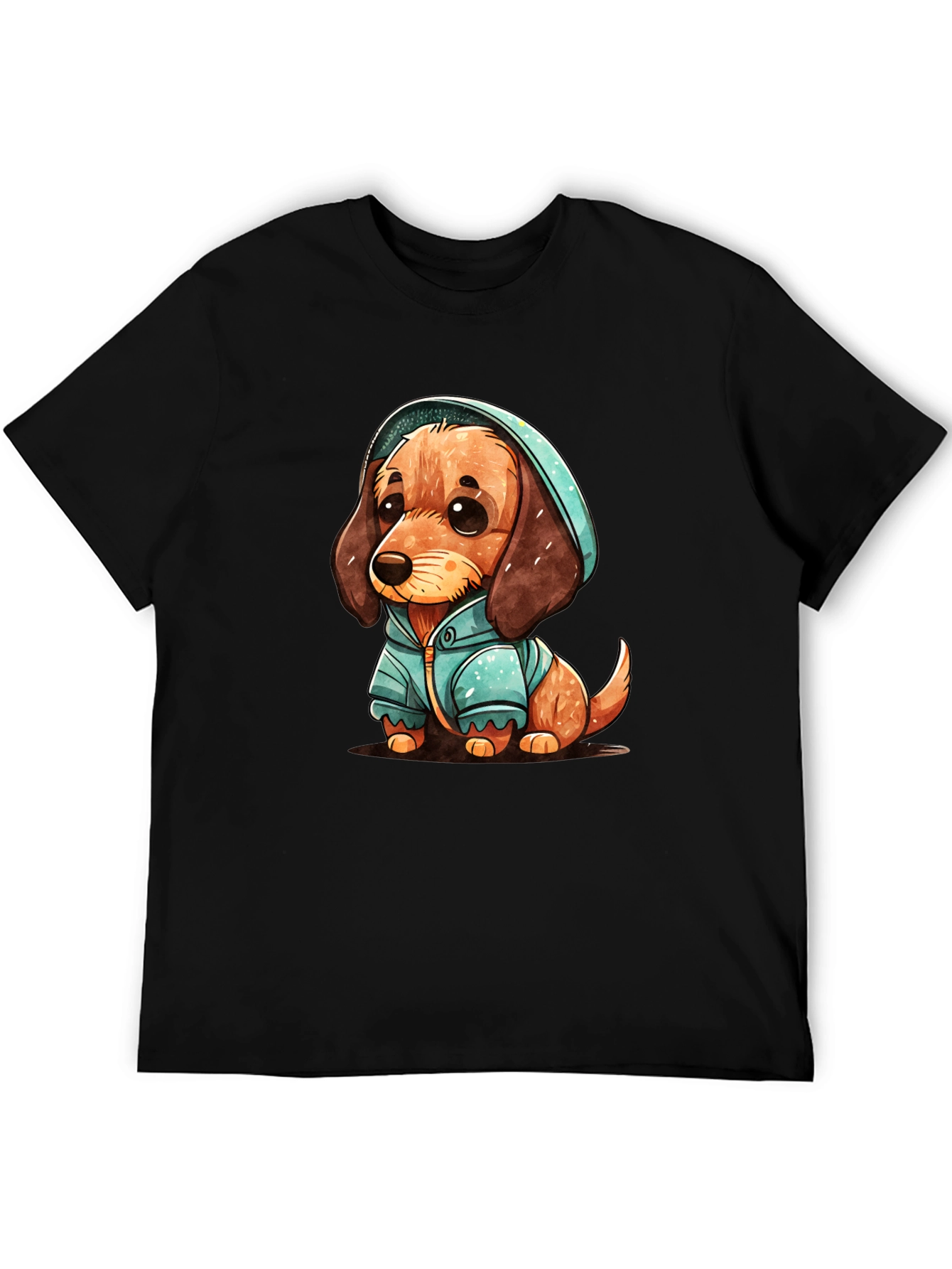 Black Cute Dachshund Puppy in Hoodie T-Shirt view 5