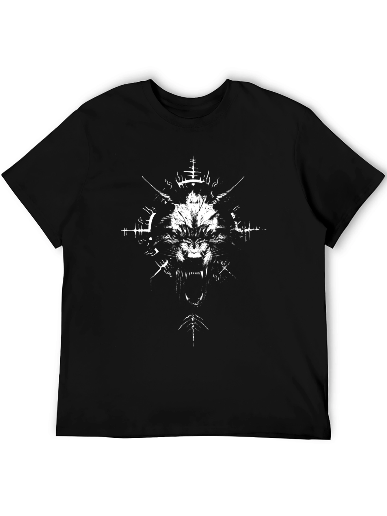 Black Men's Black Graphic Tee - Wolf Design view 5