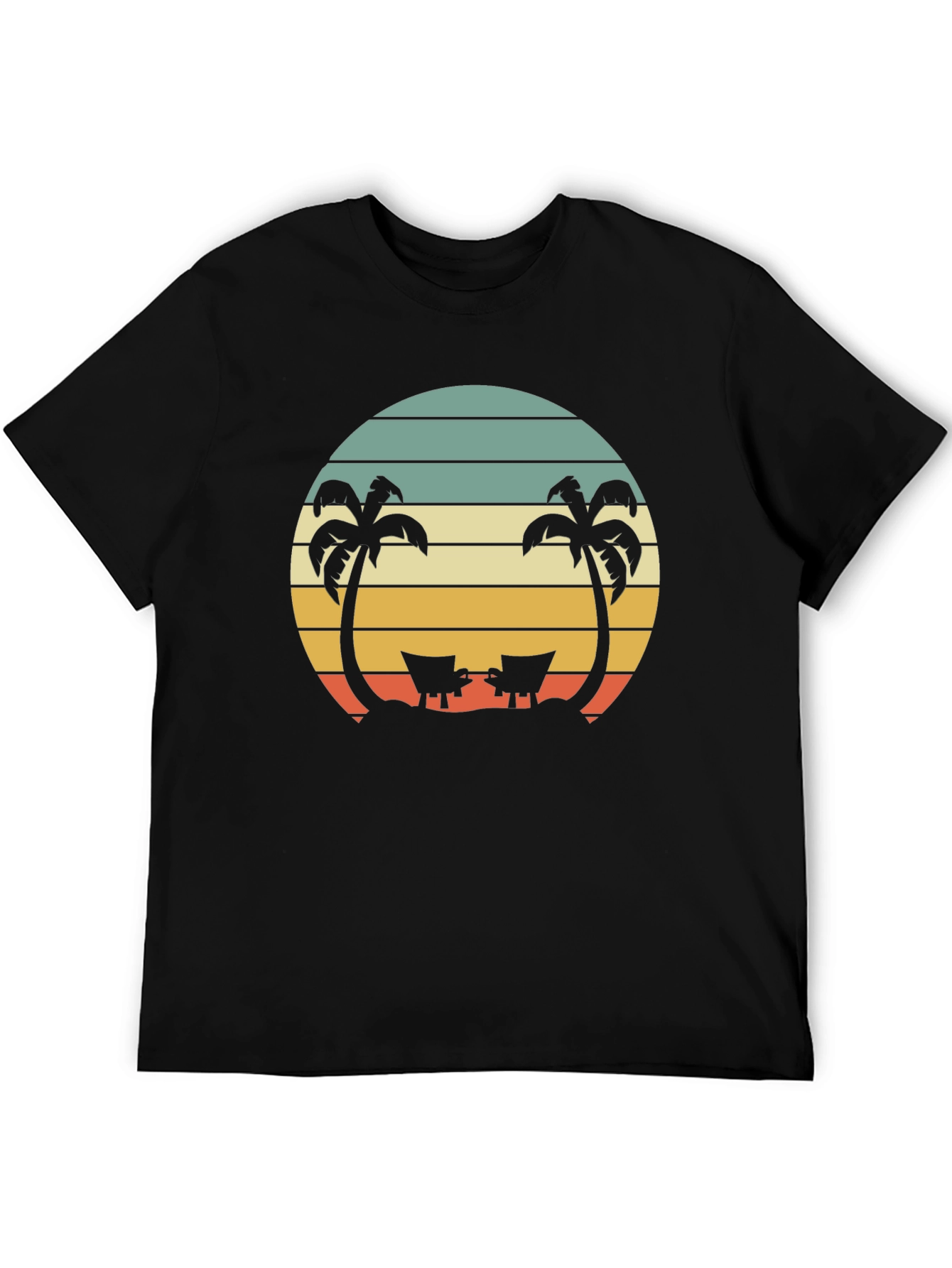 Black Retro Beach Sunset T-Shirt - Palm Trees & Deck Chairs view 5