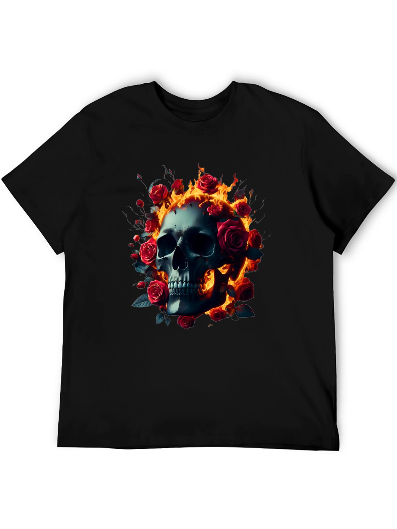 Black Skull Roses Flames T-Shirt - Dark Gothic Tee view 5