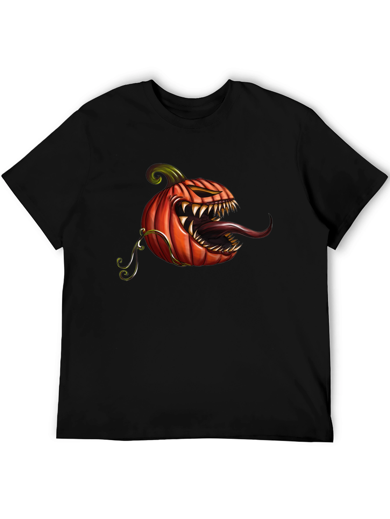 Black Men's Black T-Shirt with Spooky Pumpkin Design view 5