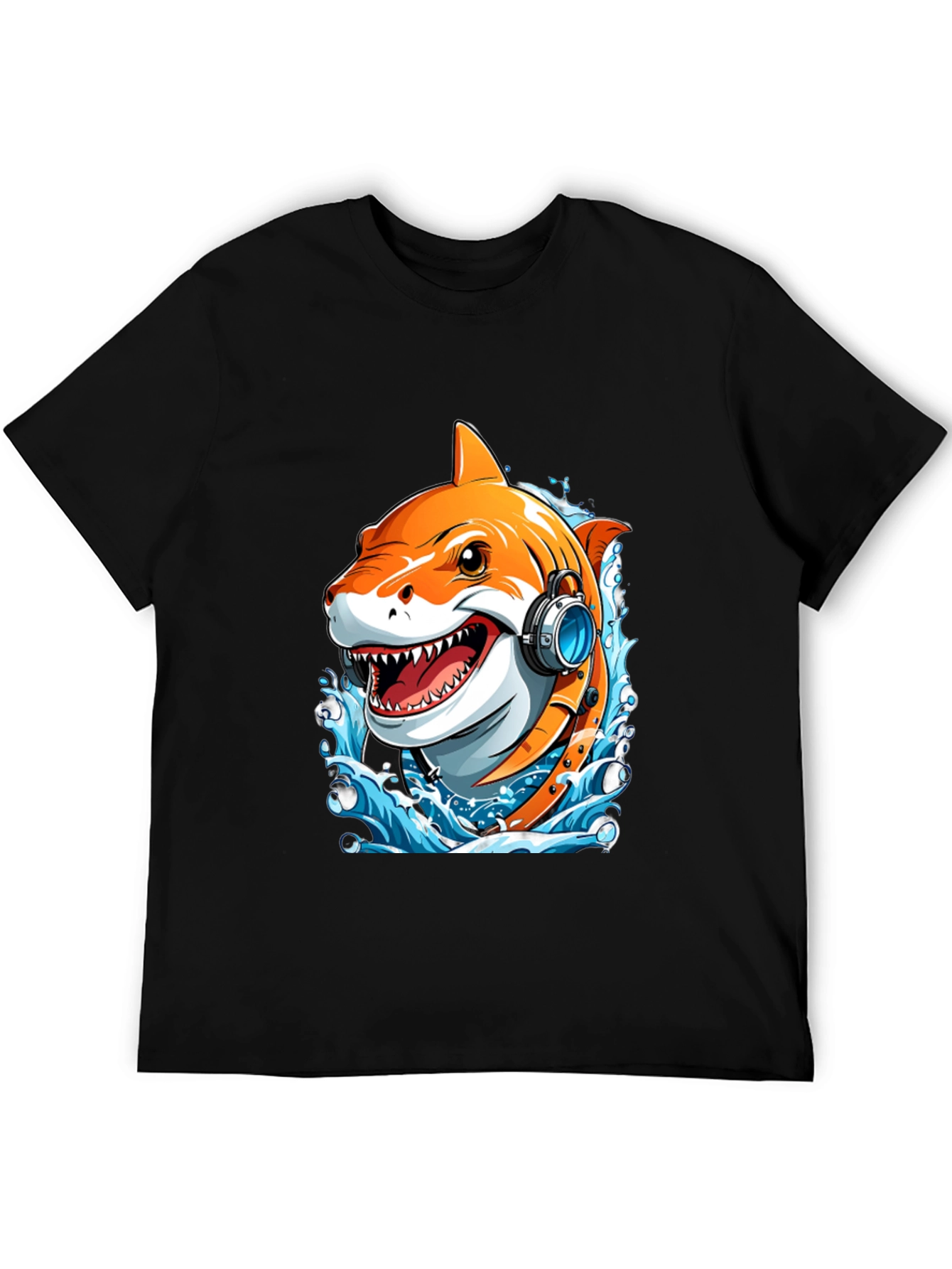 Black Cool Shark Headphones Graphic Tee view 5