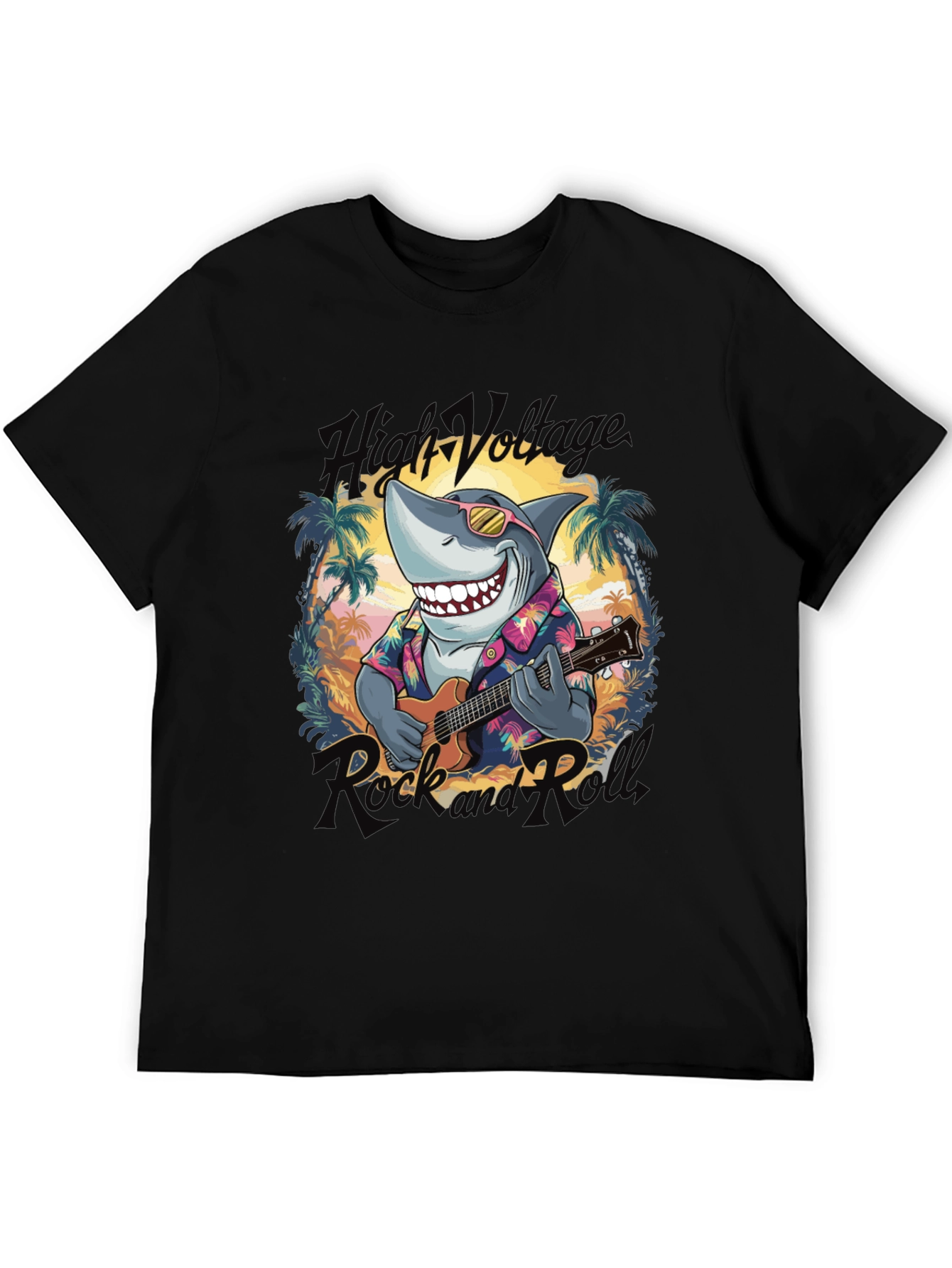 Black High Voltage Rock Shark T-Shirt view 5