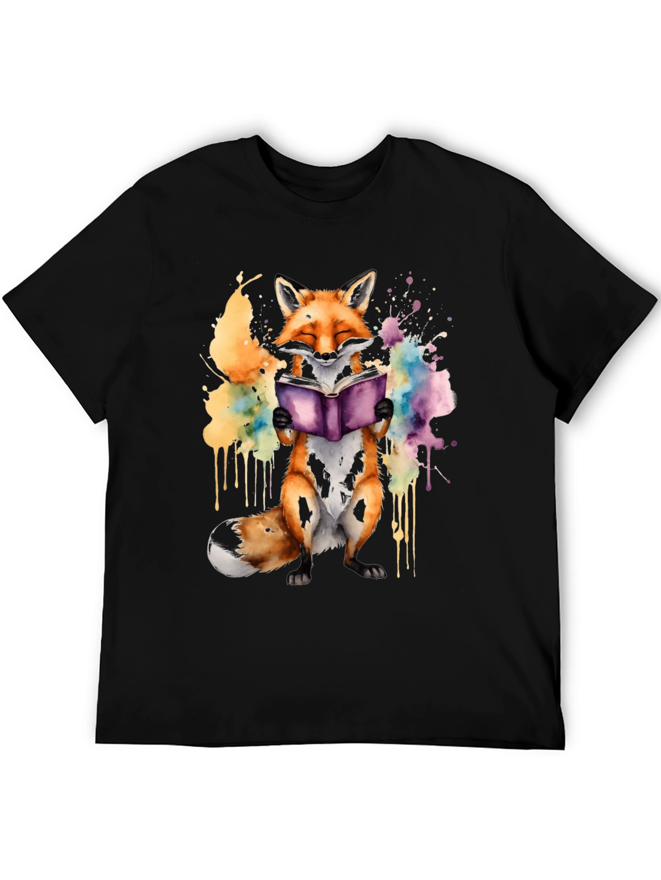 Black Fox Reading Book T-Shirt - Watercolor Design view 5