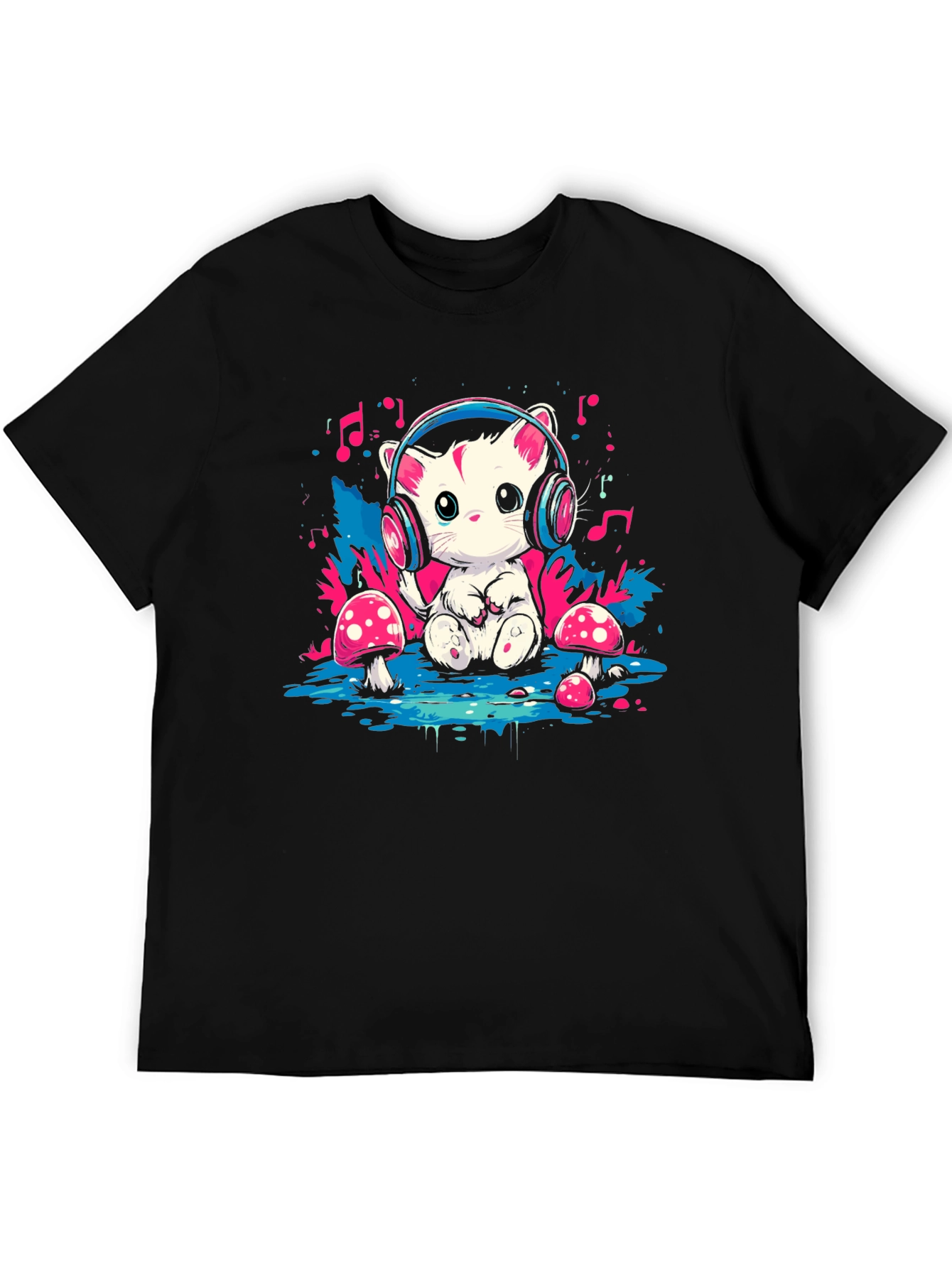 Black Cute Cat in Headphones Graphic T-Shirt view 5