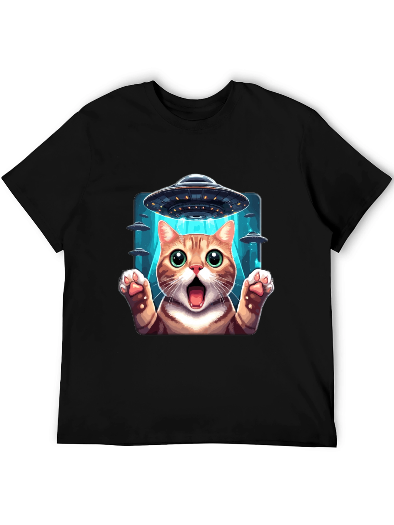 Black UFO Cat Graphic Tee - Funny Alien Abduction T-Shirt view 5