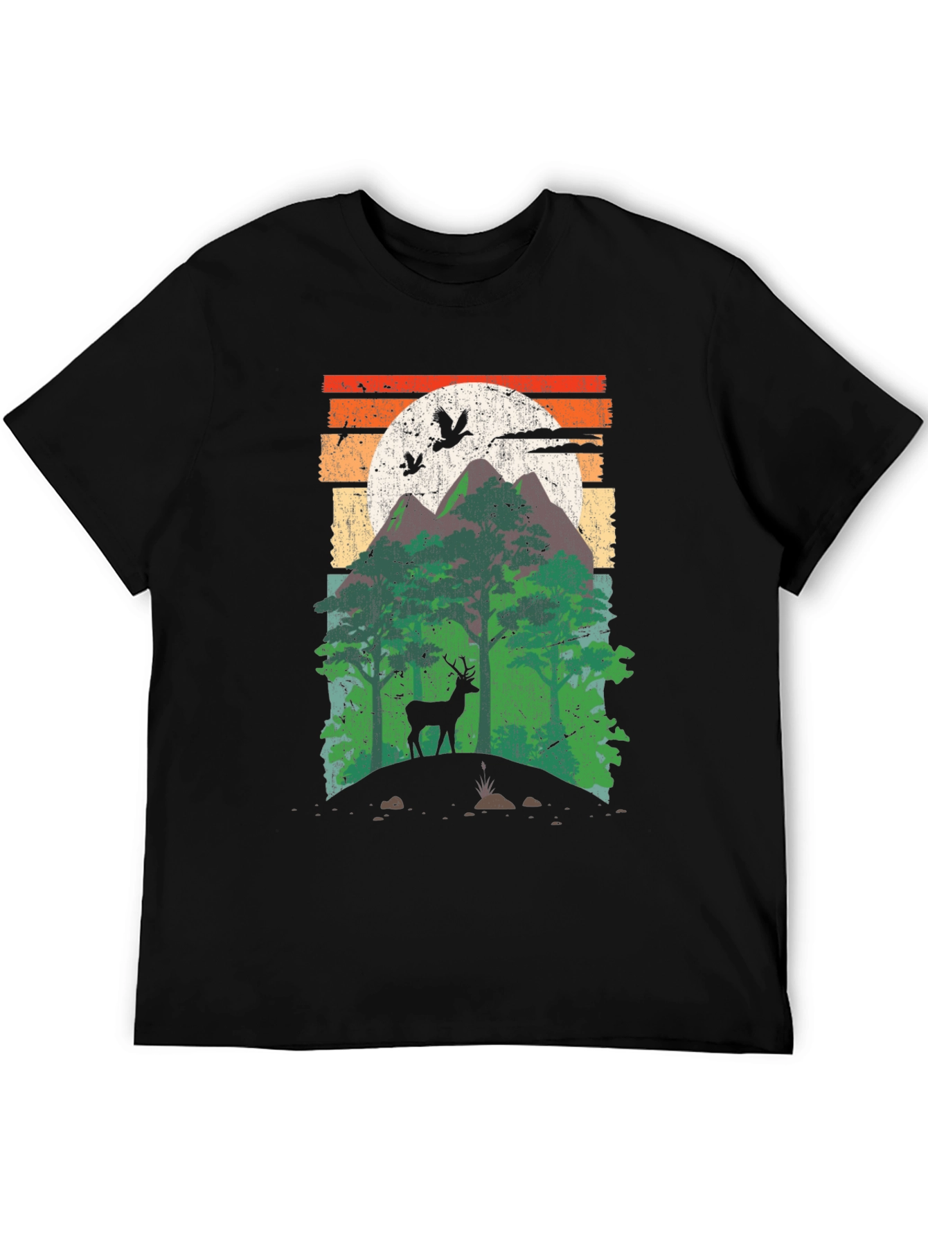 Black Retro Mountain Deer Graphic T-Shirt view 5