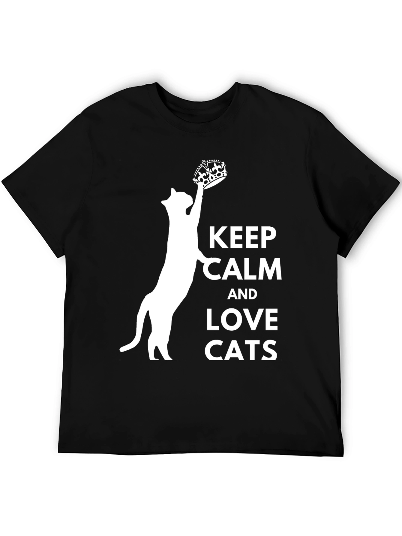Black Keep Calm and Love Cats T-Shirt - Crowned Cat Design view 5
