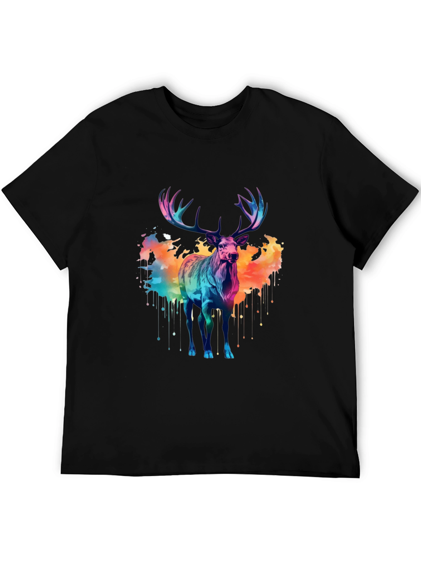Black Colorful Watercolor Stag Graphic Tee view 5