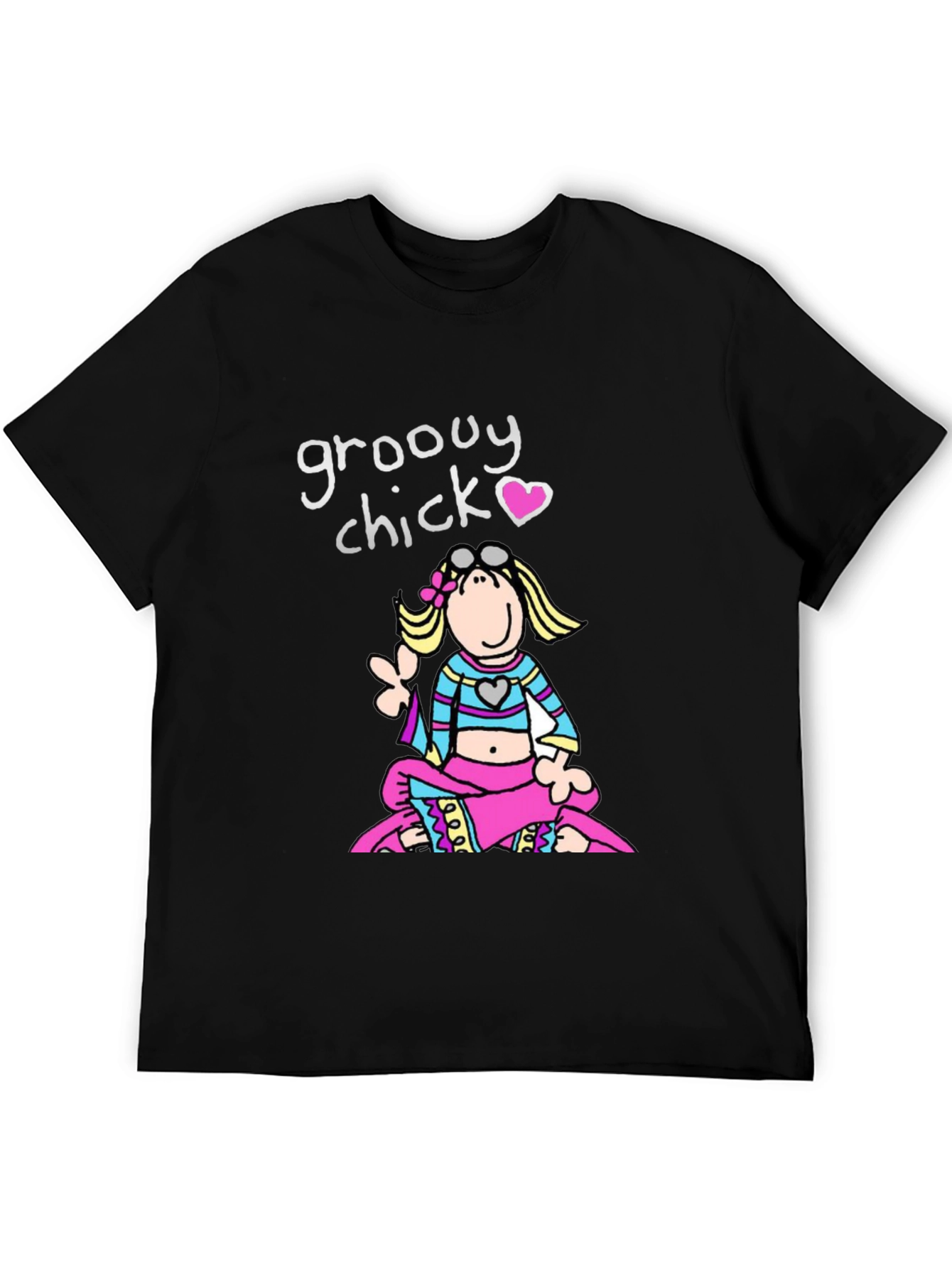 Black Groovy Chick T-Shirt - Retro Cartoon Peace view 5