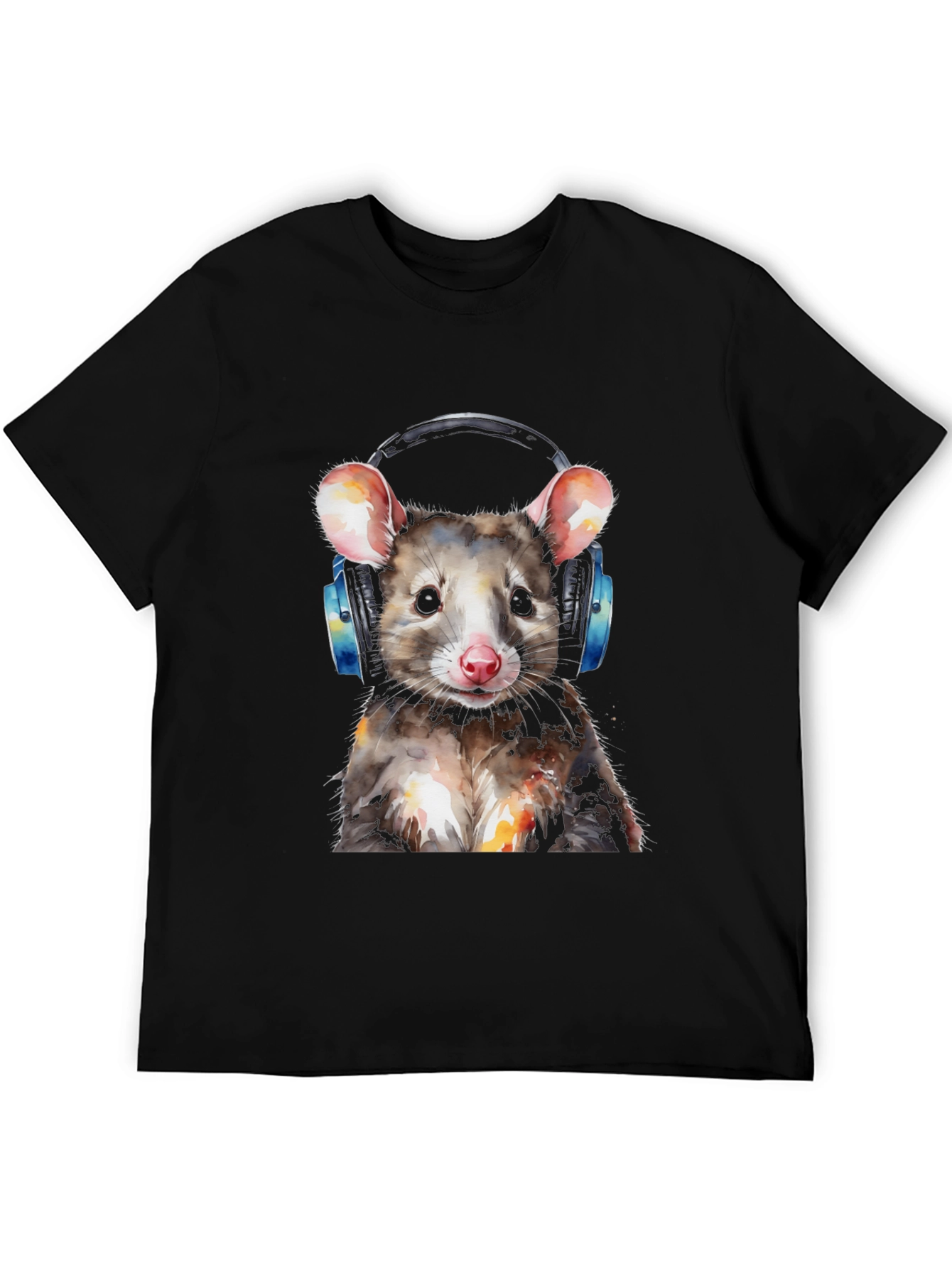 Black Cool Opossum T-Shirt with Headphones - Unique Graphic Tee view 5