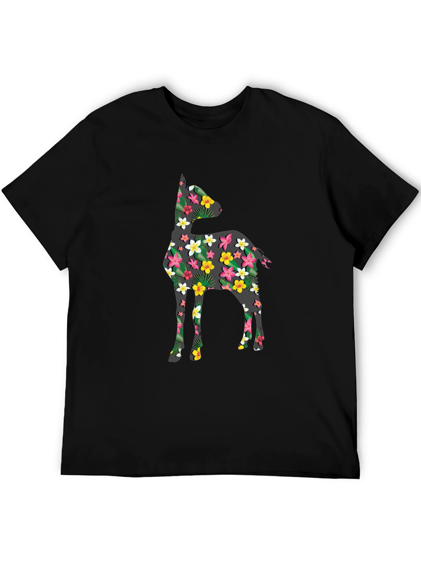 Black Floral Deer Print Black T-Shirt view 5
