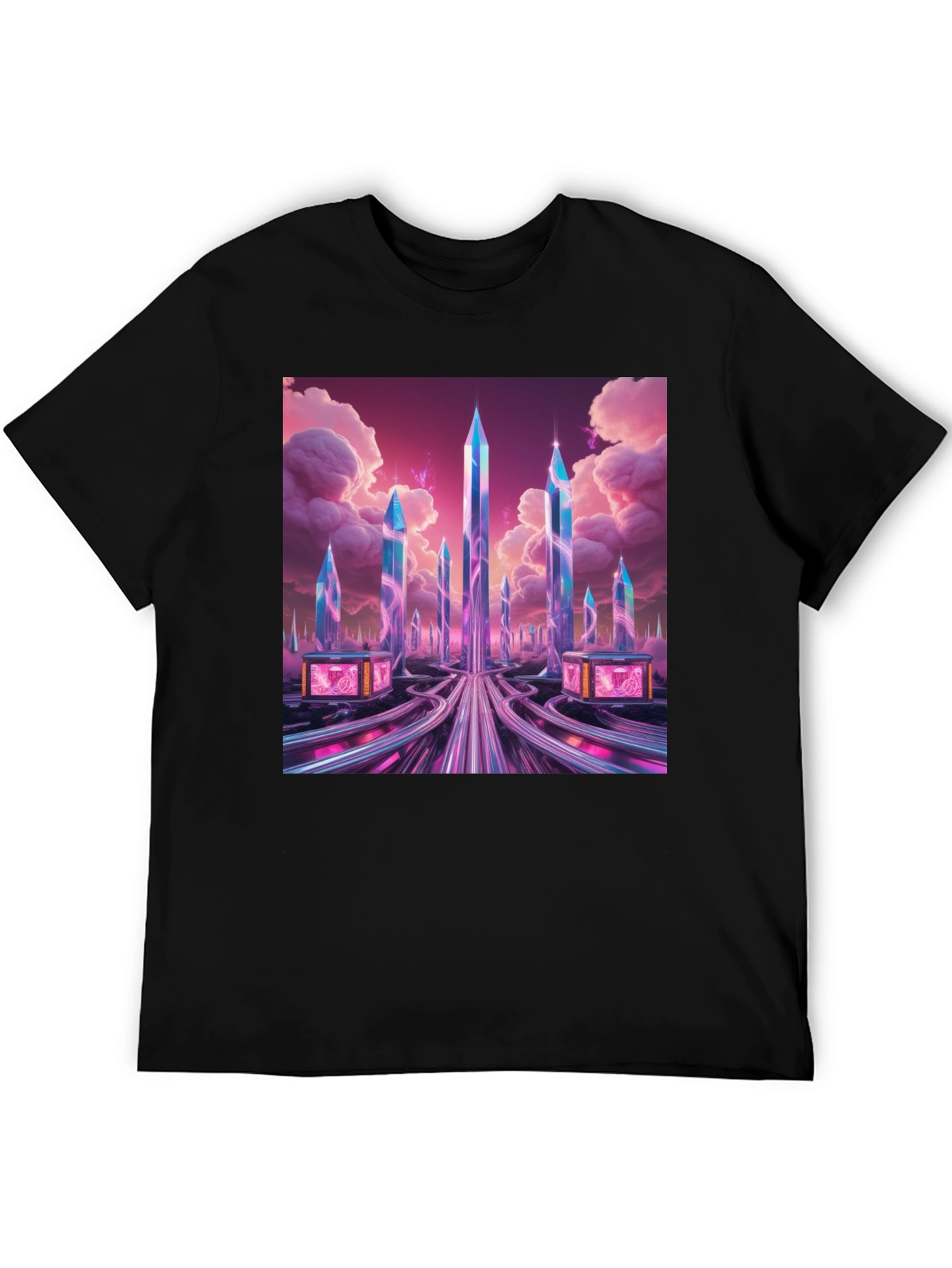 Black Futuristic Cityscape Graphic Tee view 5