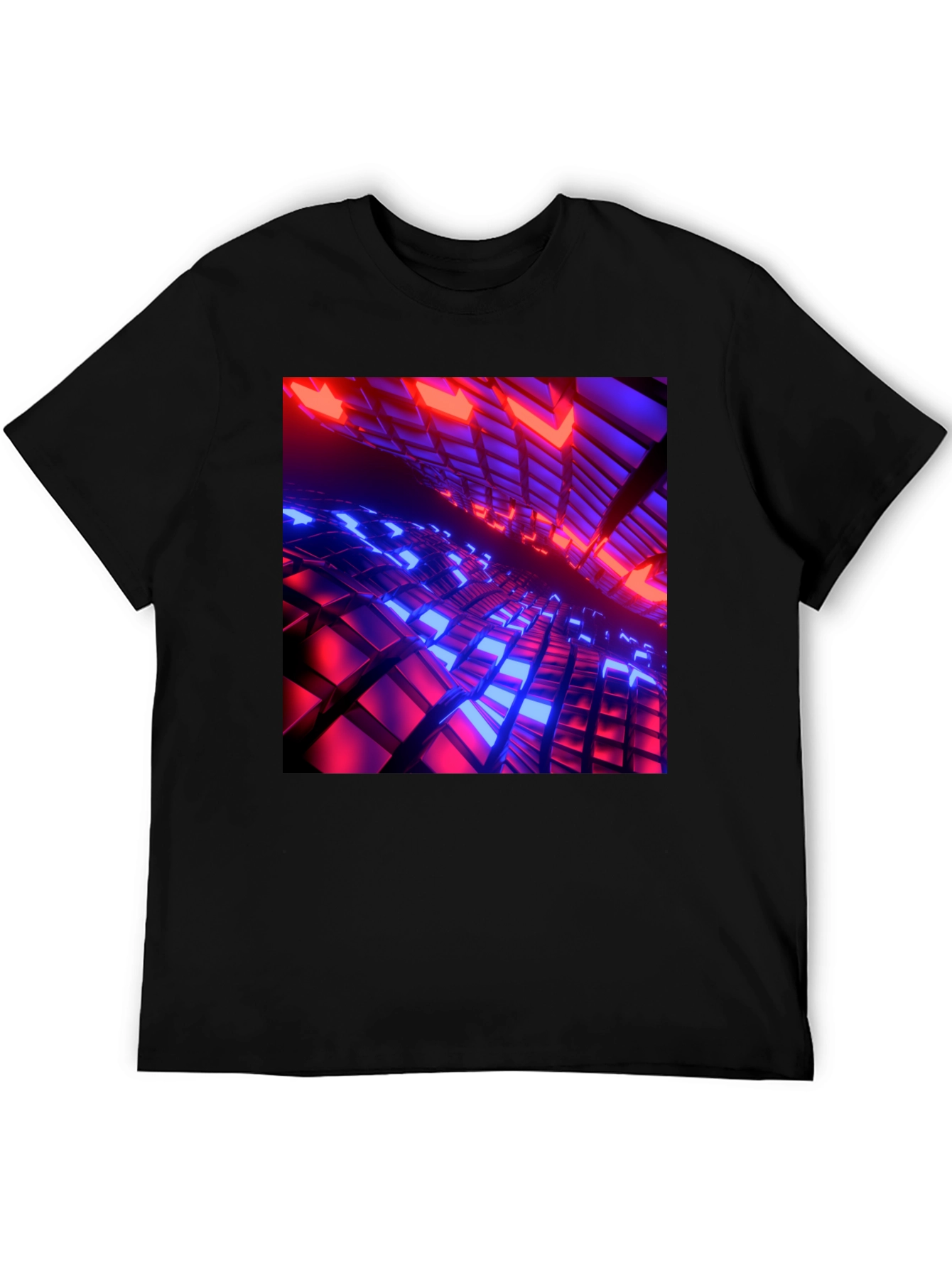 Black Cyber Grid T-Shirt: Red & Blue 3D Block Design view 5