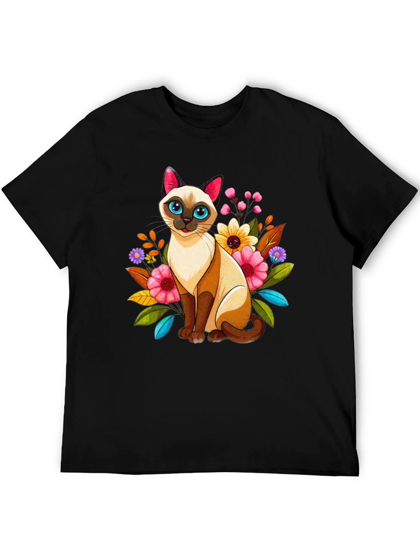 Black Floral Cat Graphic Tee - Unique Design view 5