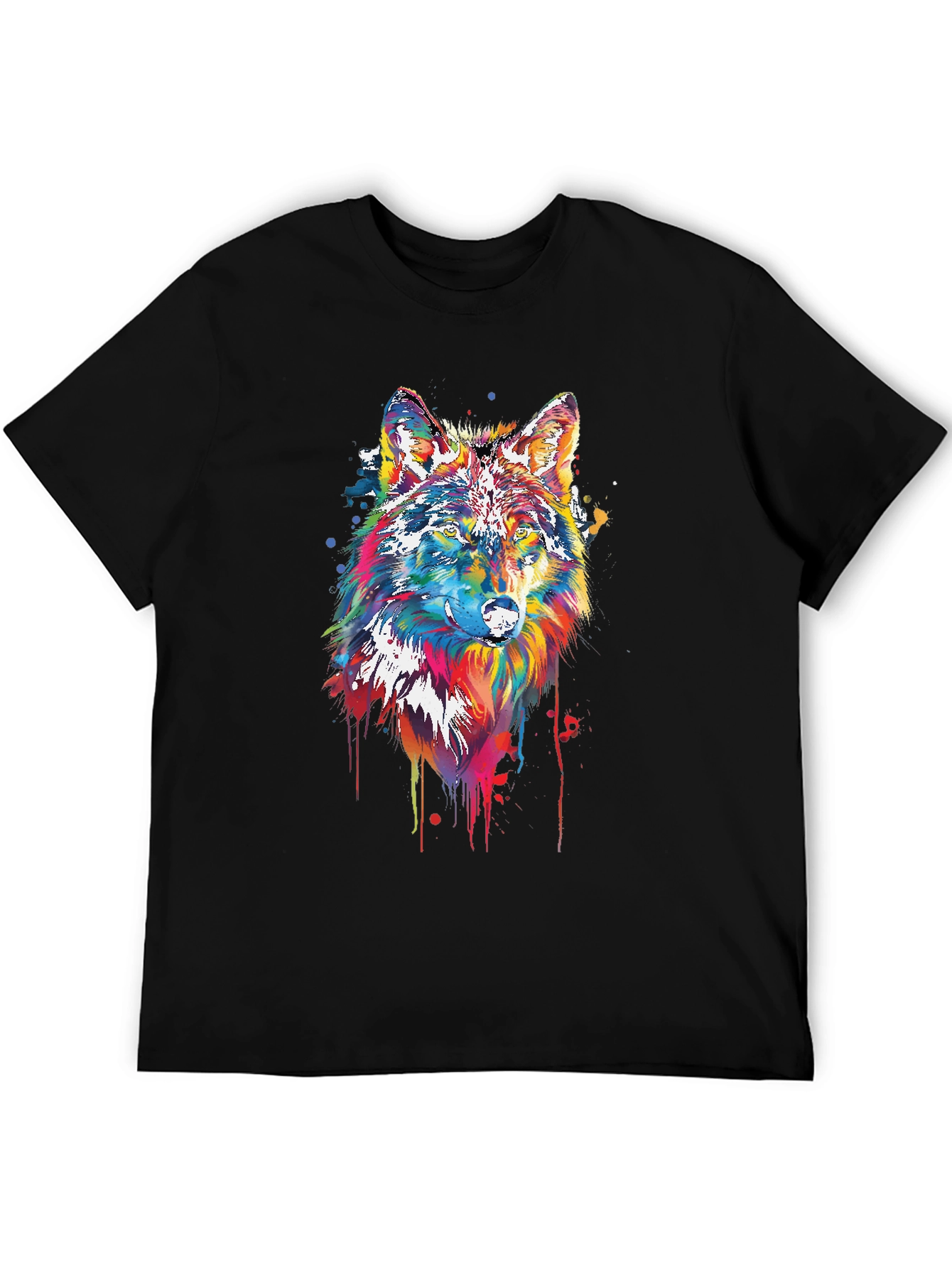 Black Colorful Wolf Graphic Tee - Black Cotton Blend view 5