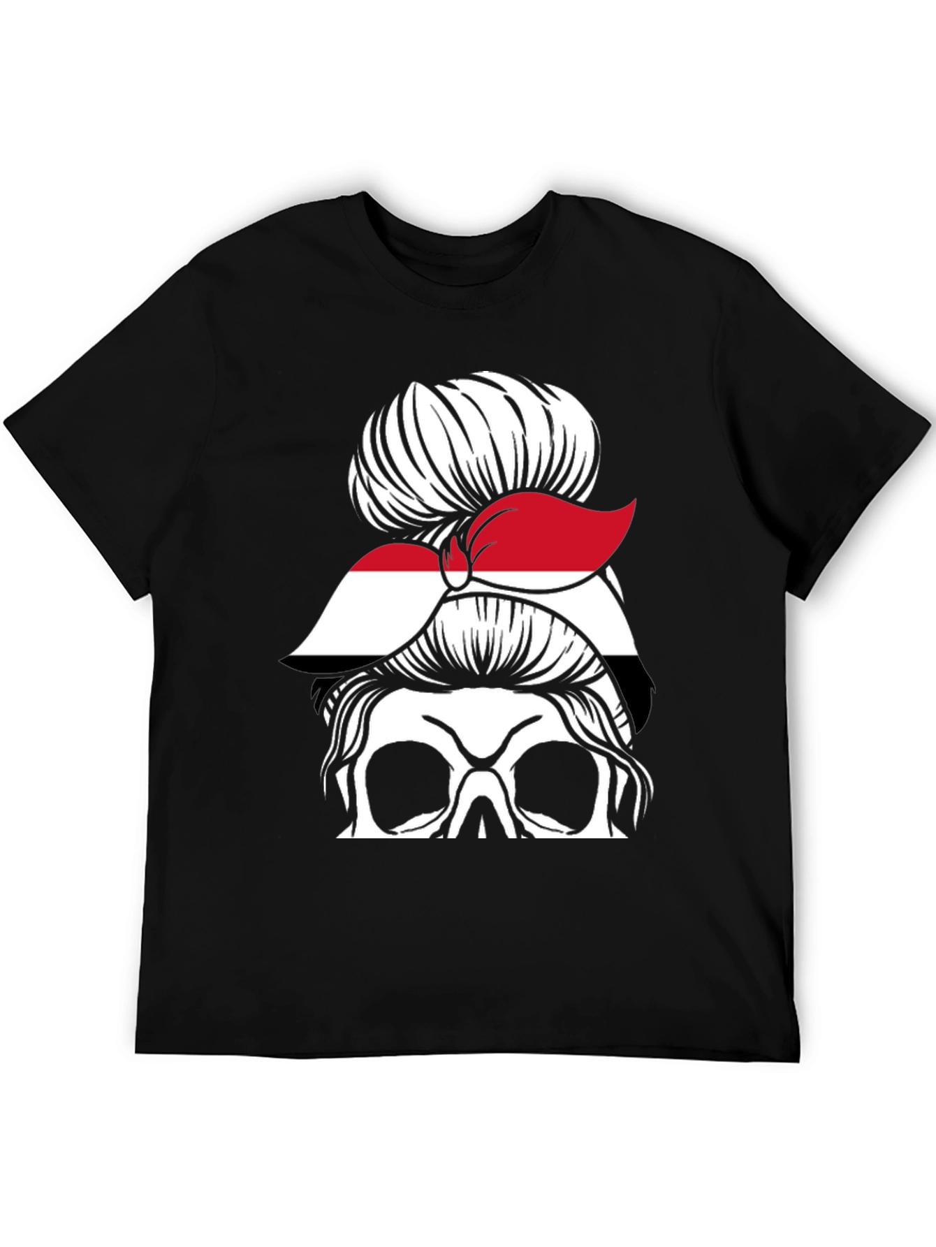 Messy Bun Yemen Flag Skull T-Shirt - 5