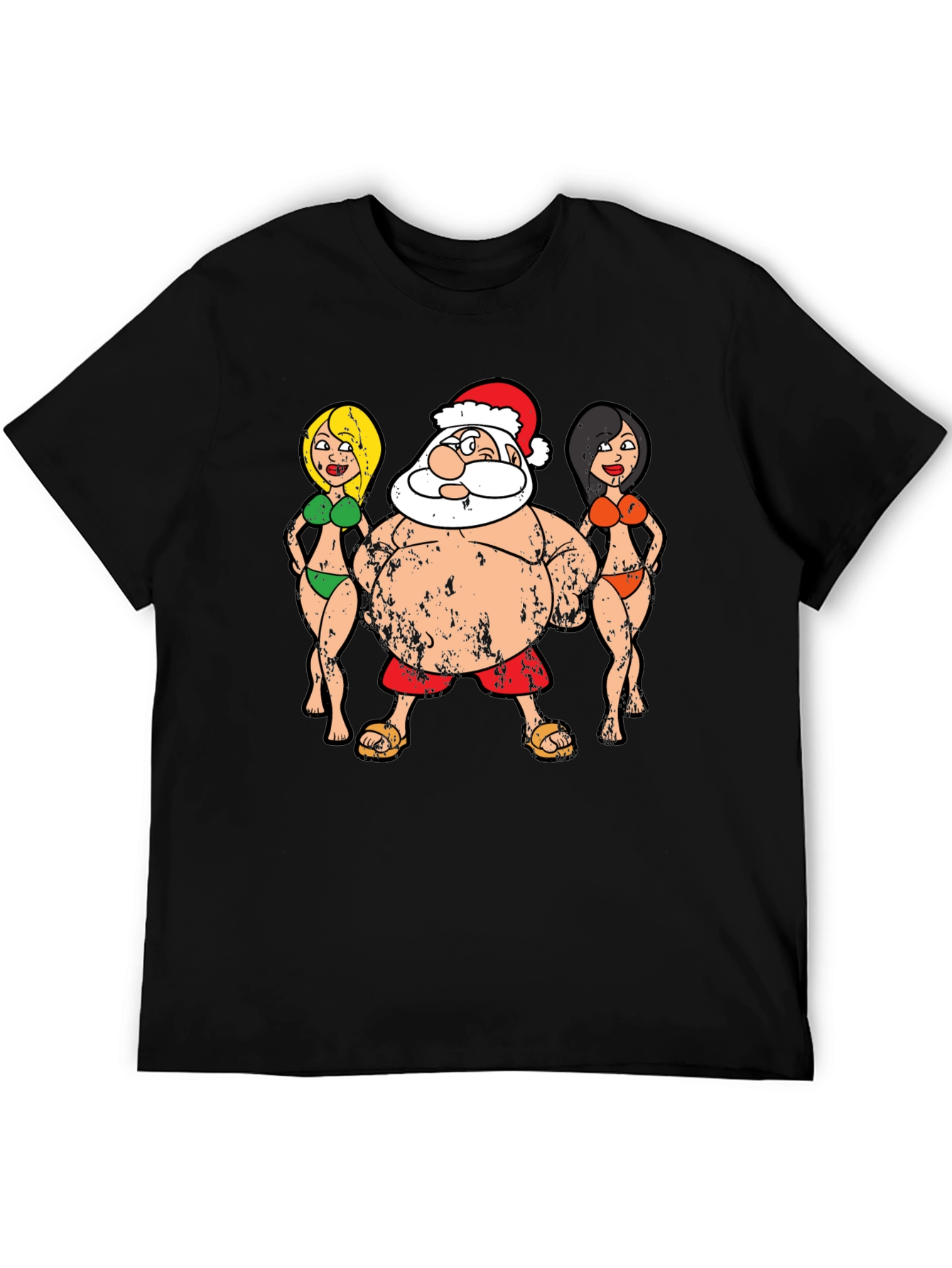Black Funny Santa and Bikini Girls Graphic Tee view 5