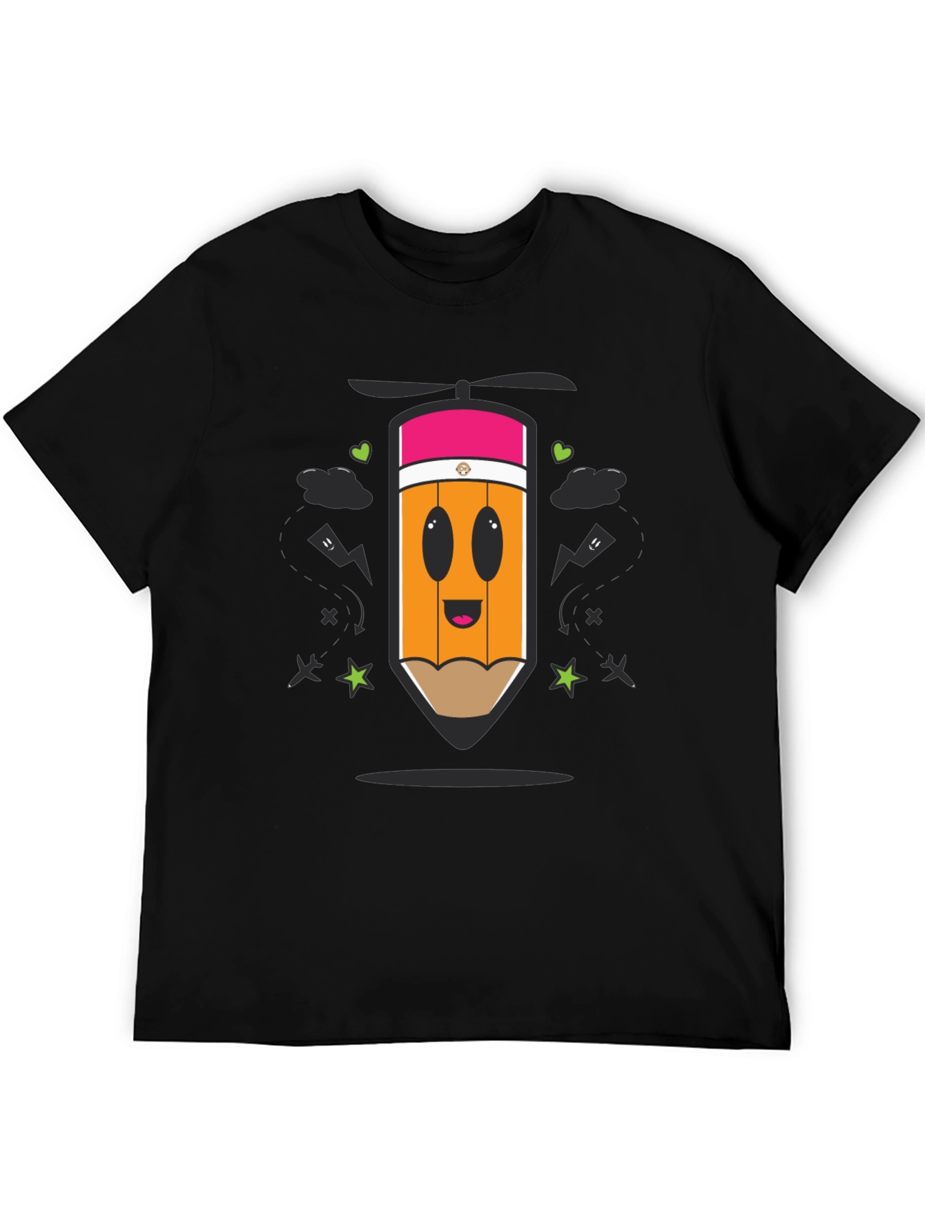 Black Cartoon Pencil Helicopter Graphic T-Shirt view 5