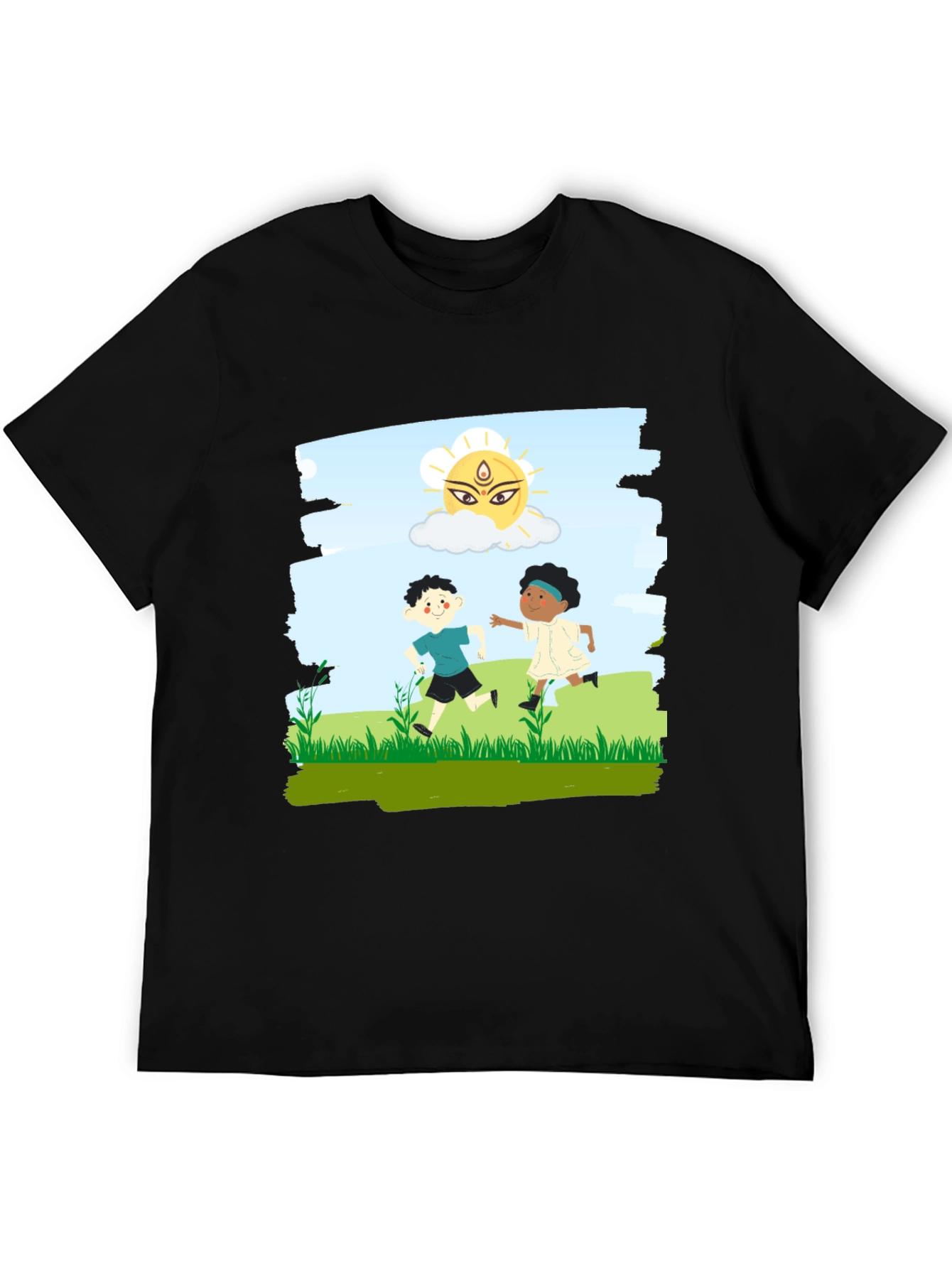 Black Kids Playing Graphic T-Shirt - Black Cotton Blend view 5