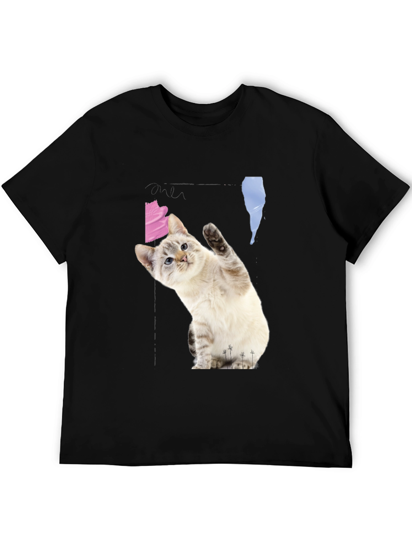 Black Cute Cat Waving Black T-Shirt view 5