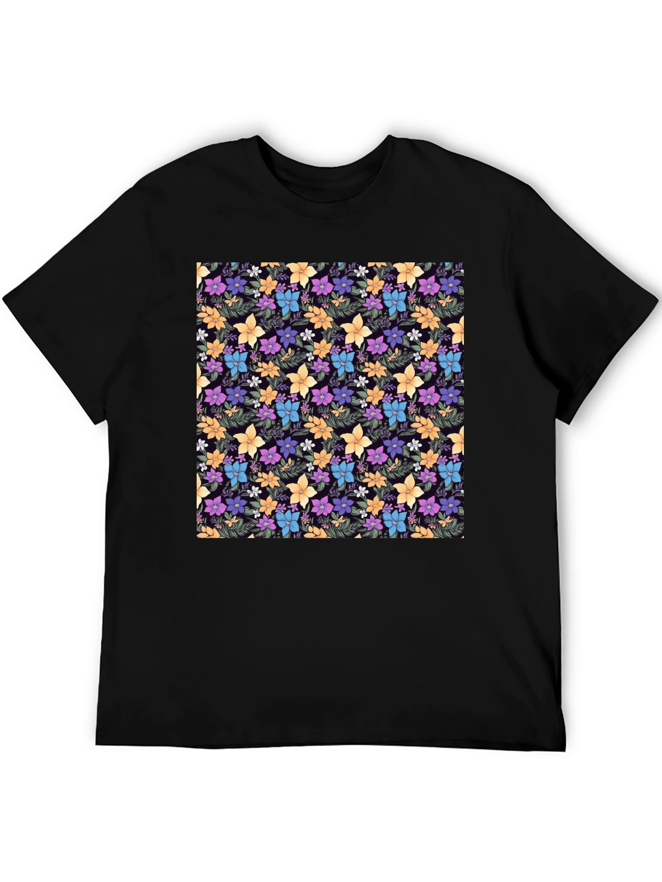 Black Floral Print Black Crew Neck T-Shirt view 5