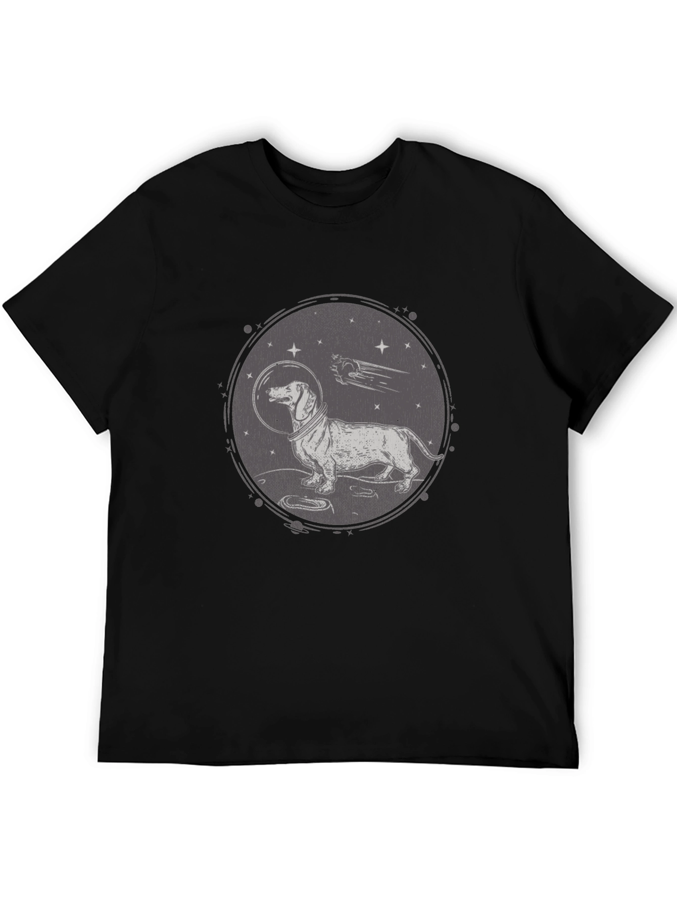 Black Dachshund Astronaut Graphic T-Shirt - Black Crew Neck view 5