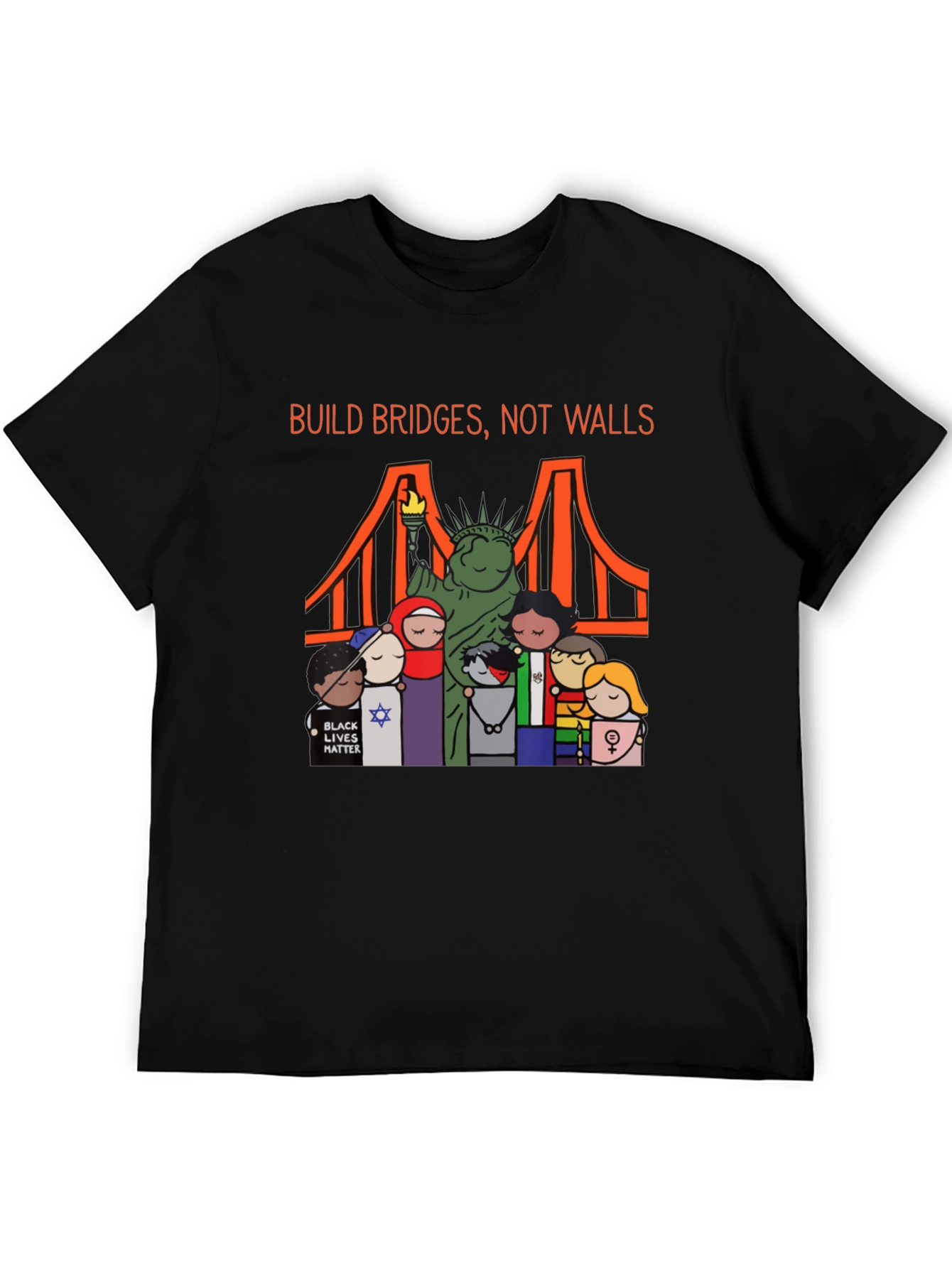 Black Build Bridges Not Walls Diversity Graphic Tee view 5