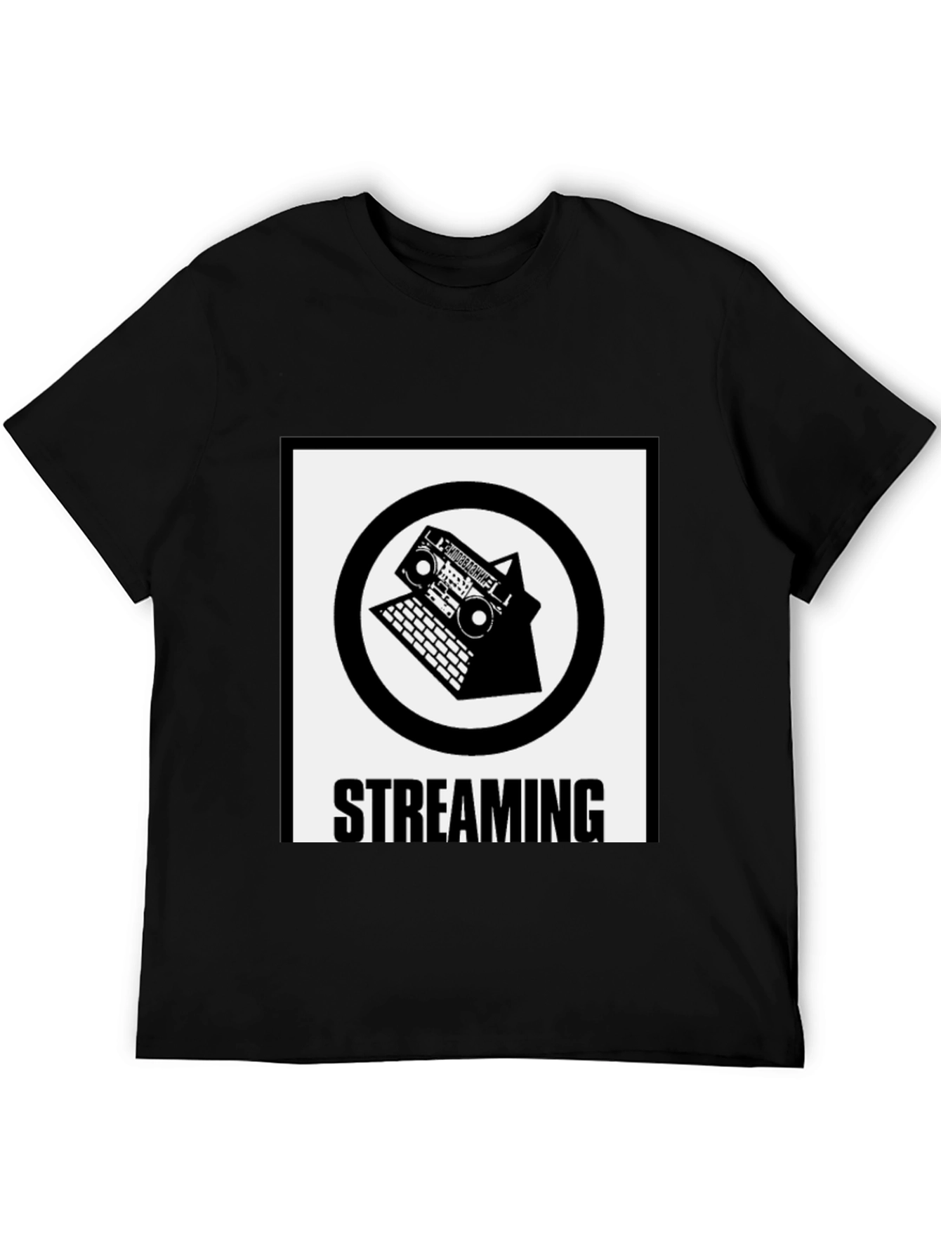 Black Streaming T-Shirt: Boombox & Laptop Design view 5