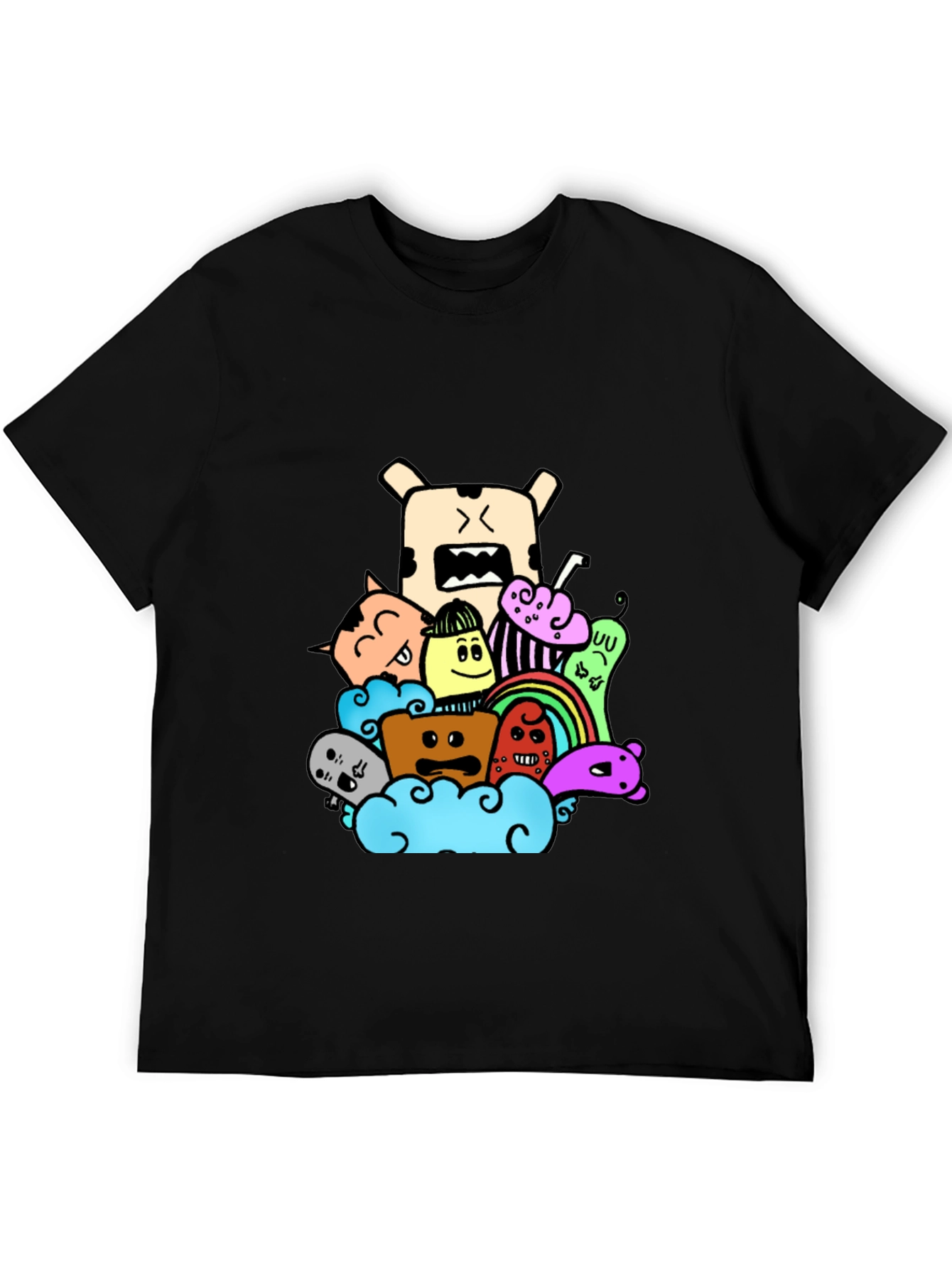 Black Doodle Cartoon Graphic Print Black T-Shirt view 5