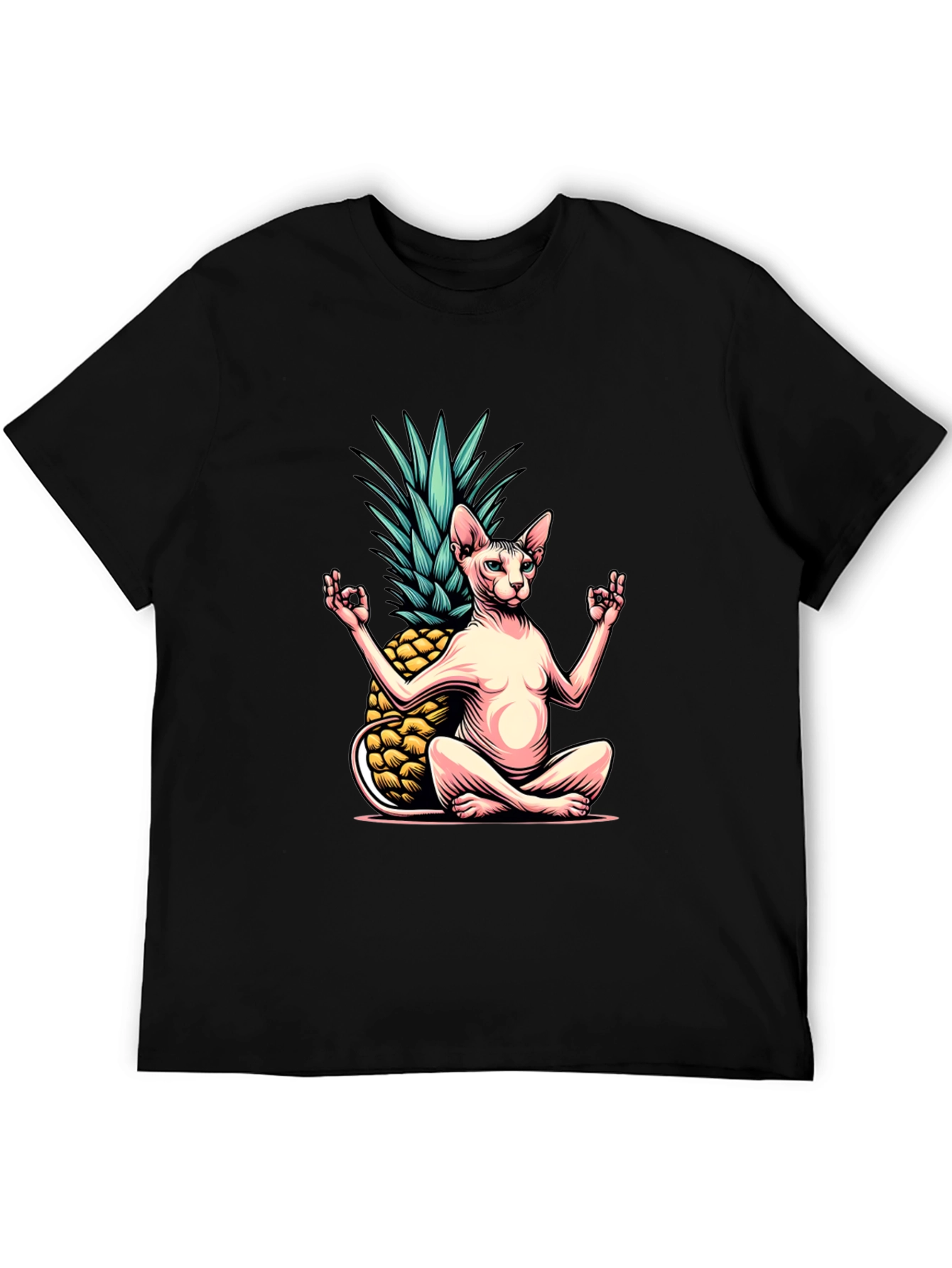 Black Zen Cat Pineapple T-Shirt - Meditating Sphynx Tee view 5