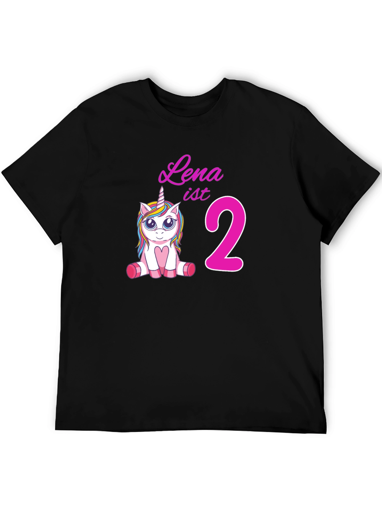 Black Cute 'Lena is 2' Unicorn Birthday Black T-Shirt view 5