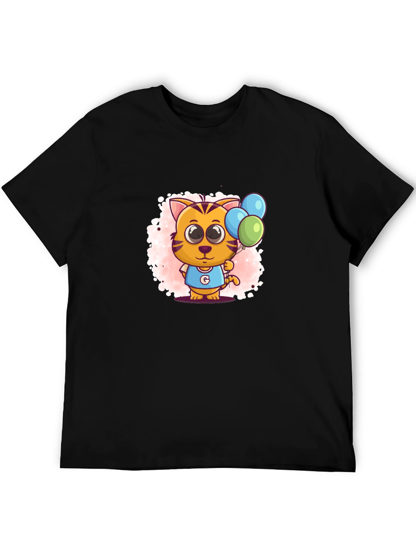 Black Cute Cartoon Cat With Balloons Black T-Shirt view 5