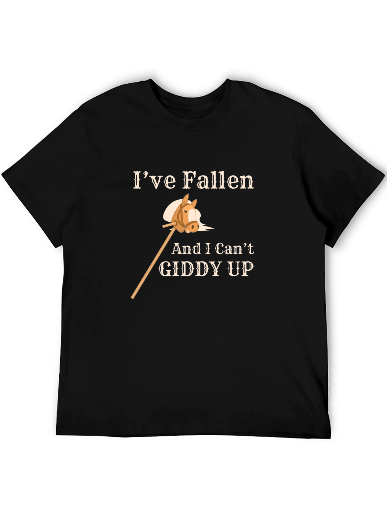 Black Funny Horse Stick T-Shirt - I've Fallen & I Can't Giddy Up view 5