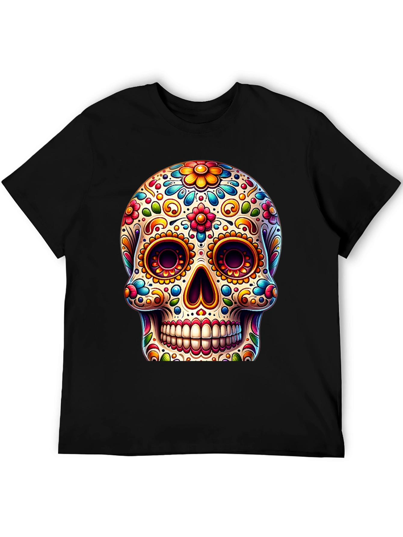 Black Sugar Skull T-Shirt: Colorful Day of the Dead Design view 5