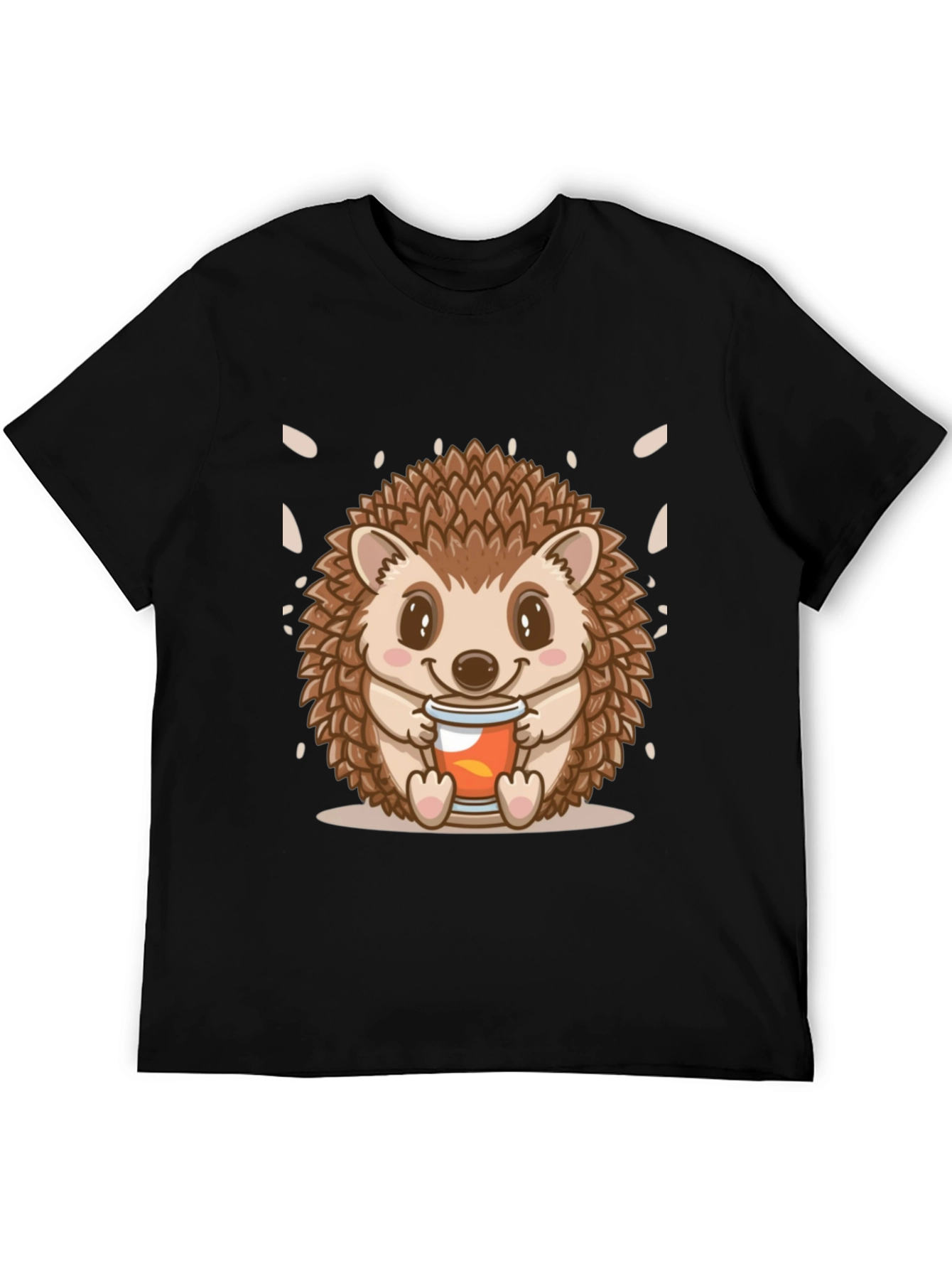 Black Cute Hedgehog Holding Drink Graphic Tee - Black view 5