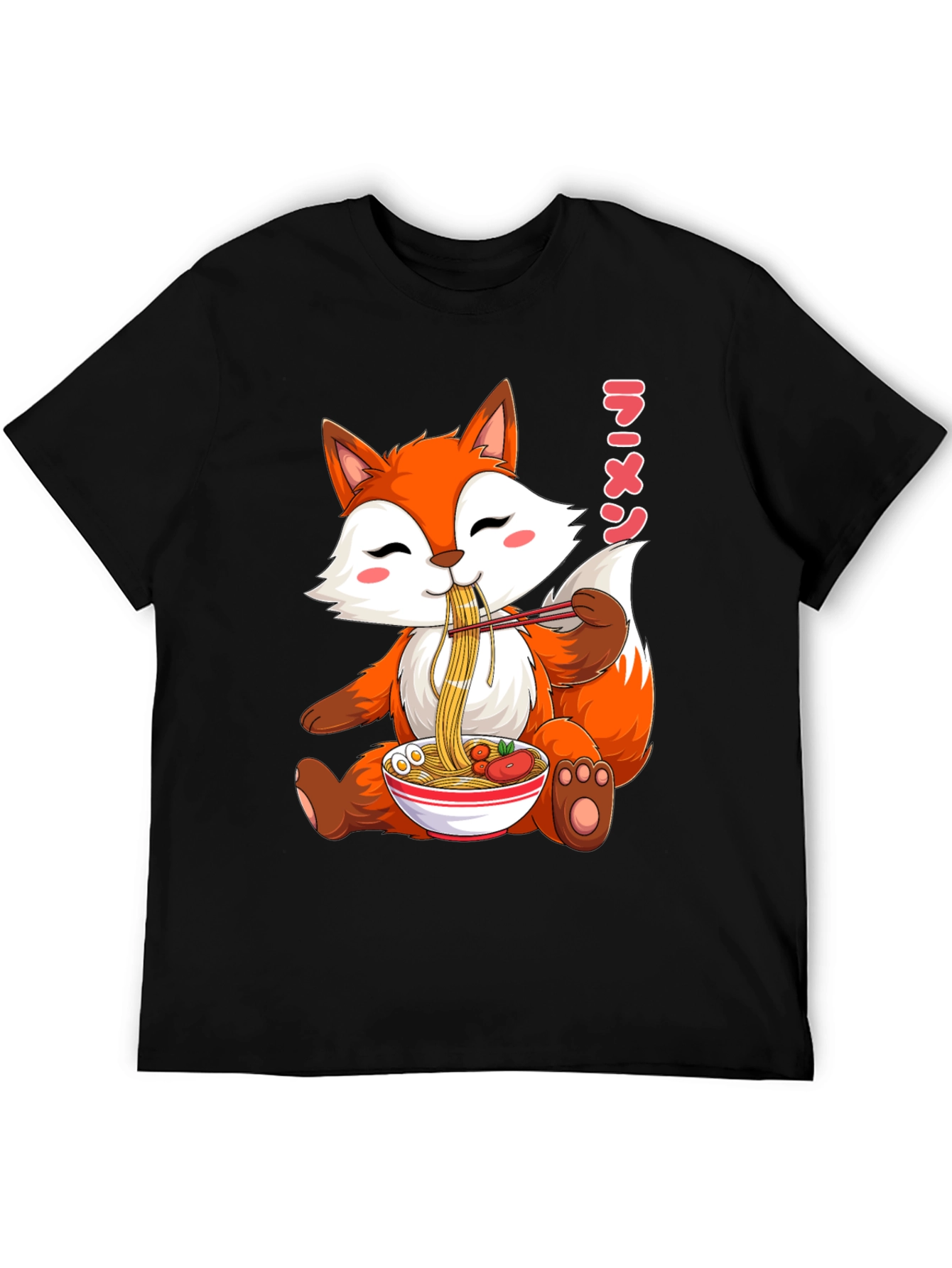 Black Cute Fox Ramen T-Shirt, Kawaii Anime Tee view 5