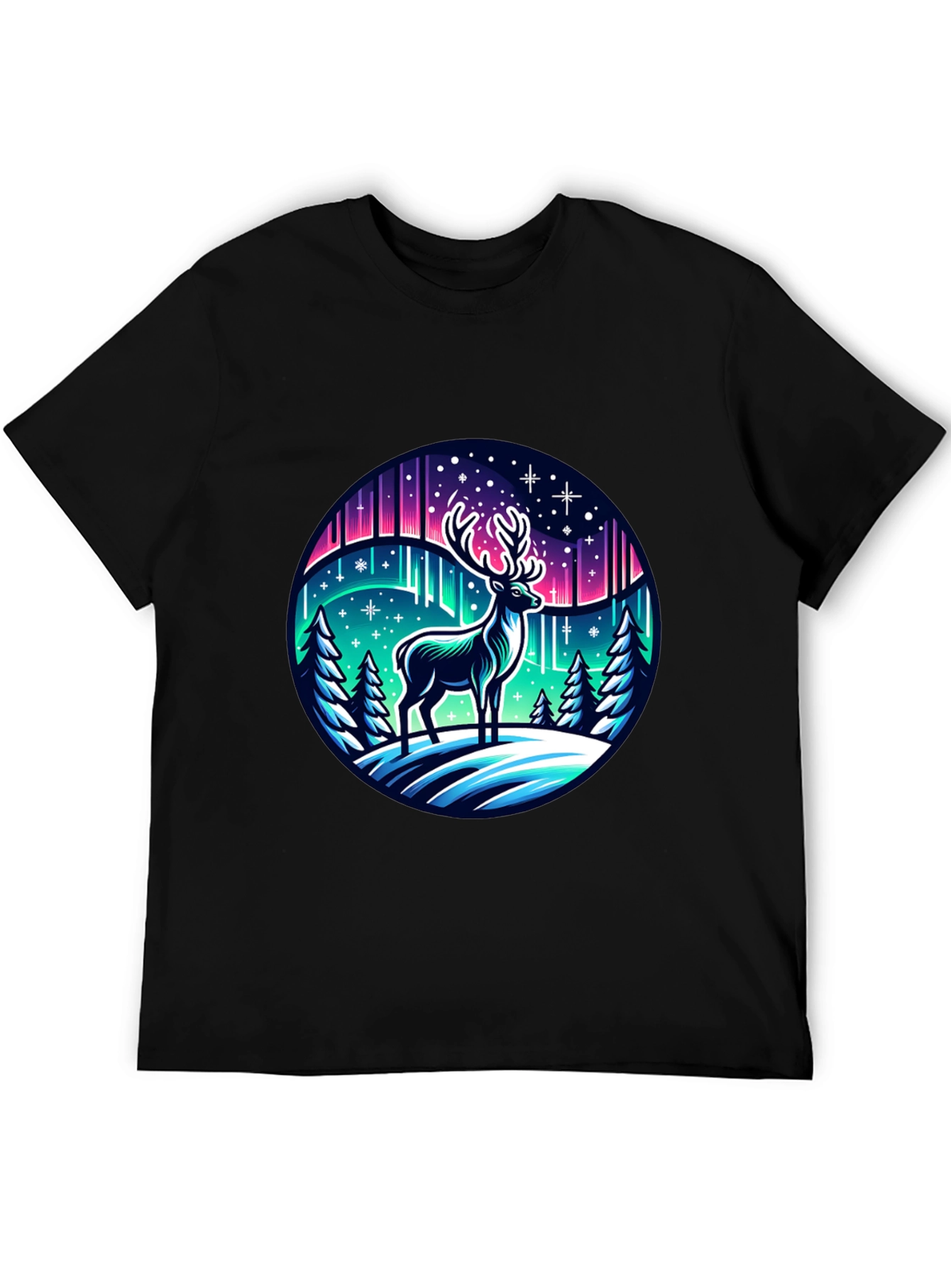 Black Winter Deer Graphic Tee - Northern Lights Design view 5