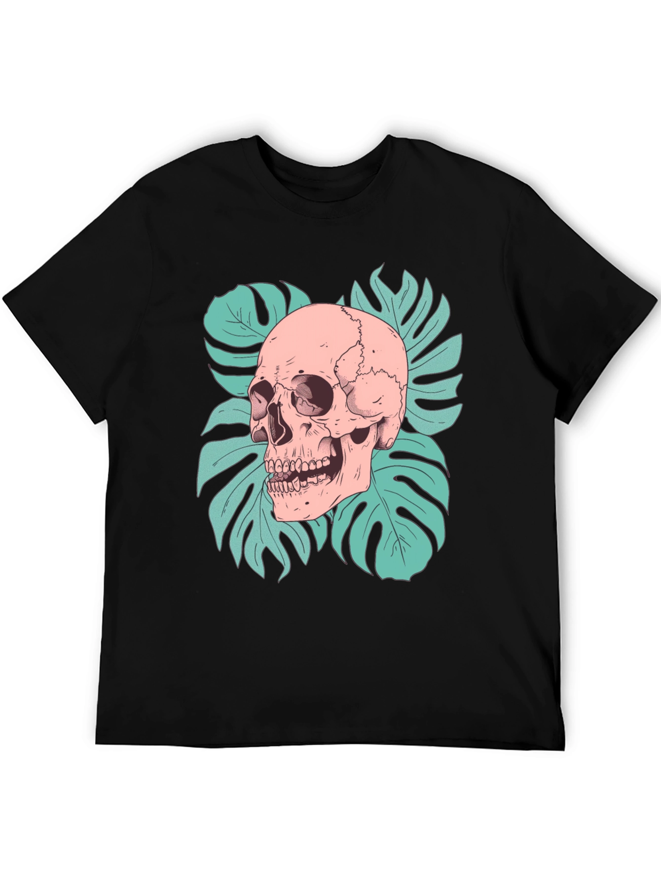 Black Skull & Monstera Leaf Graphic Tee - Black view 5