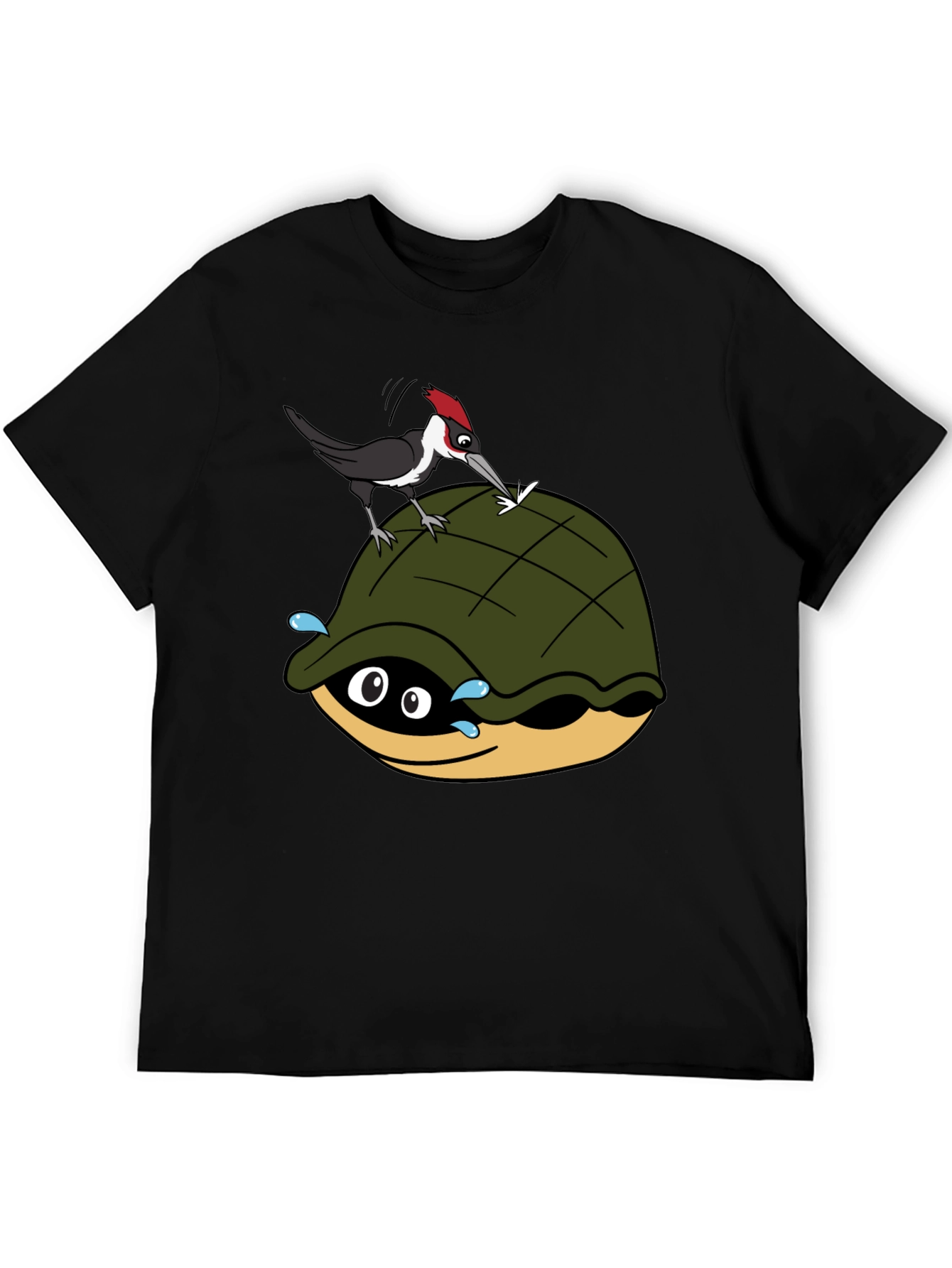 Black Cartoon Turtle and Woodpecker Graphic Tee view 5