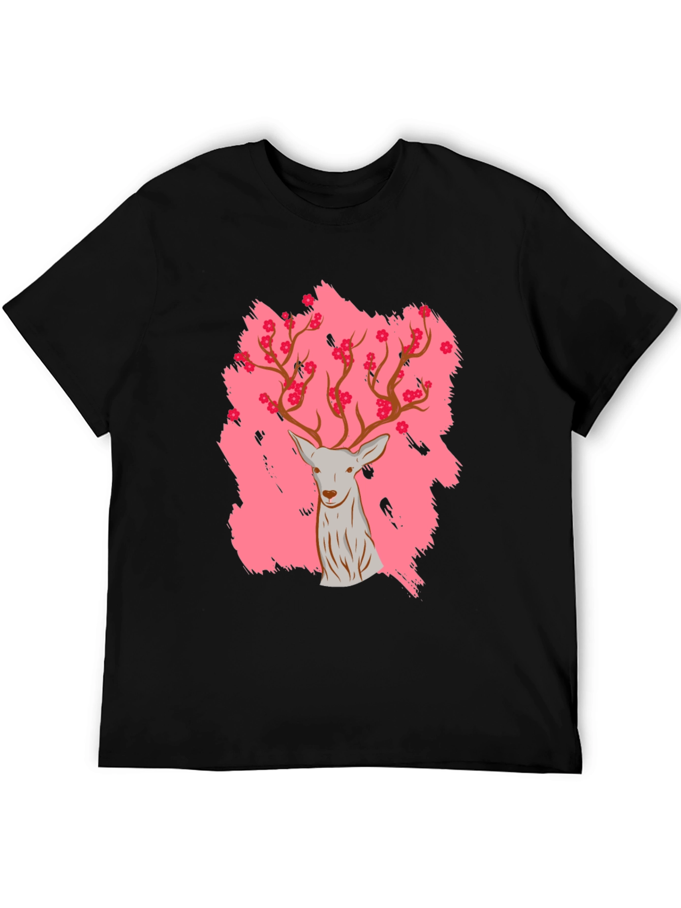 Black Deer with Floral Antlers Graphic Black T-Shirt view 5