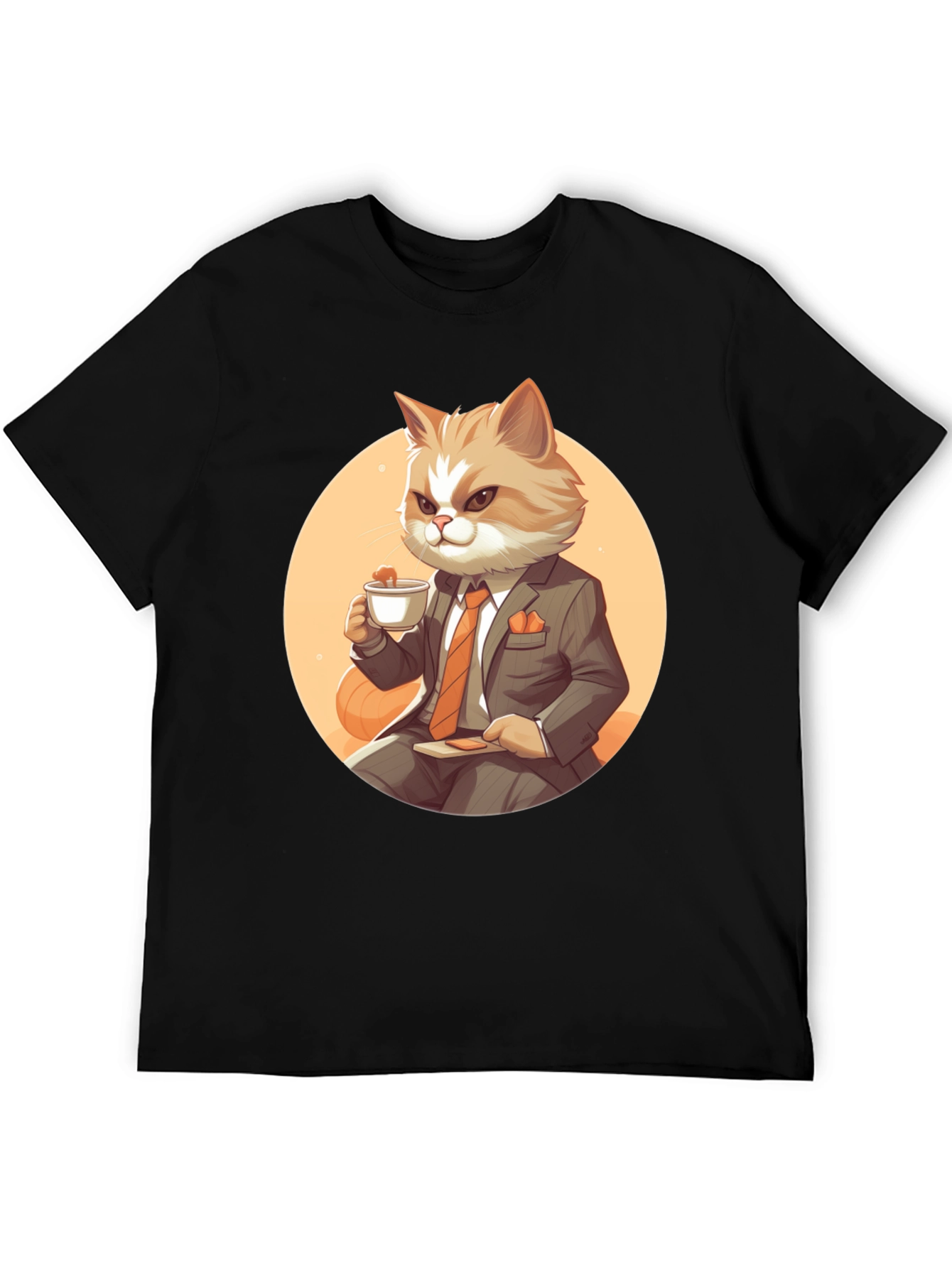 Black Cat Boss T-Shirt: Cartoon Cat in Suit Sipping Tea view 5