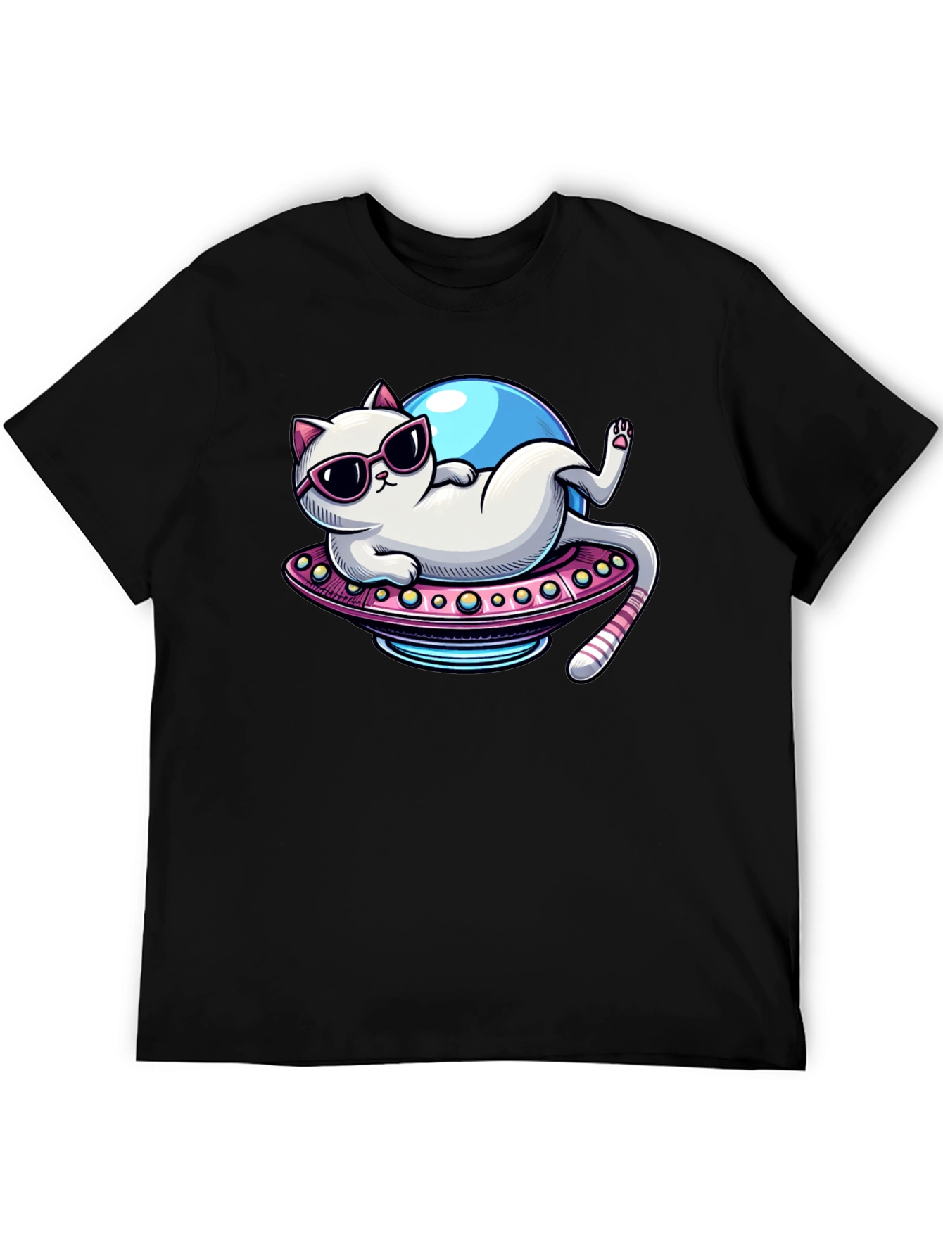 Black Cat in UFO T-Shirt - Lazy Astronaut Kitten Tee view 5