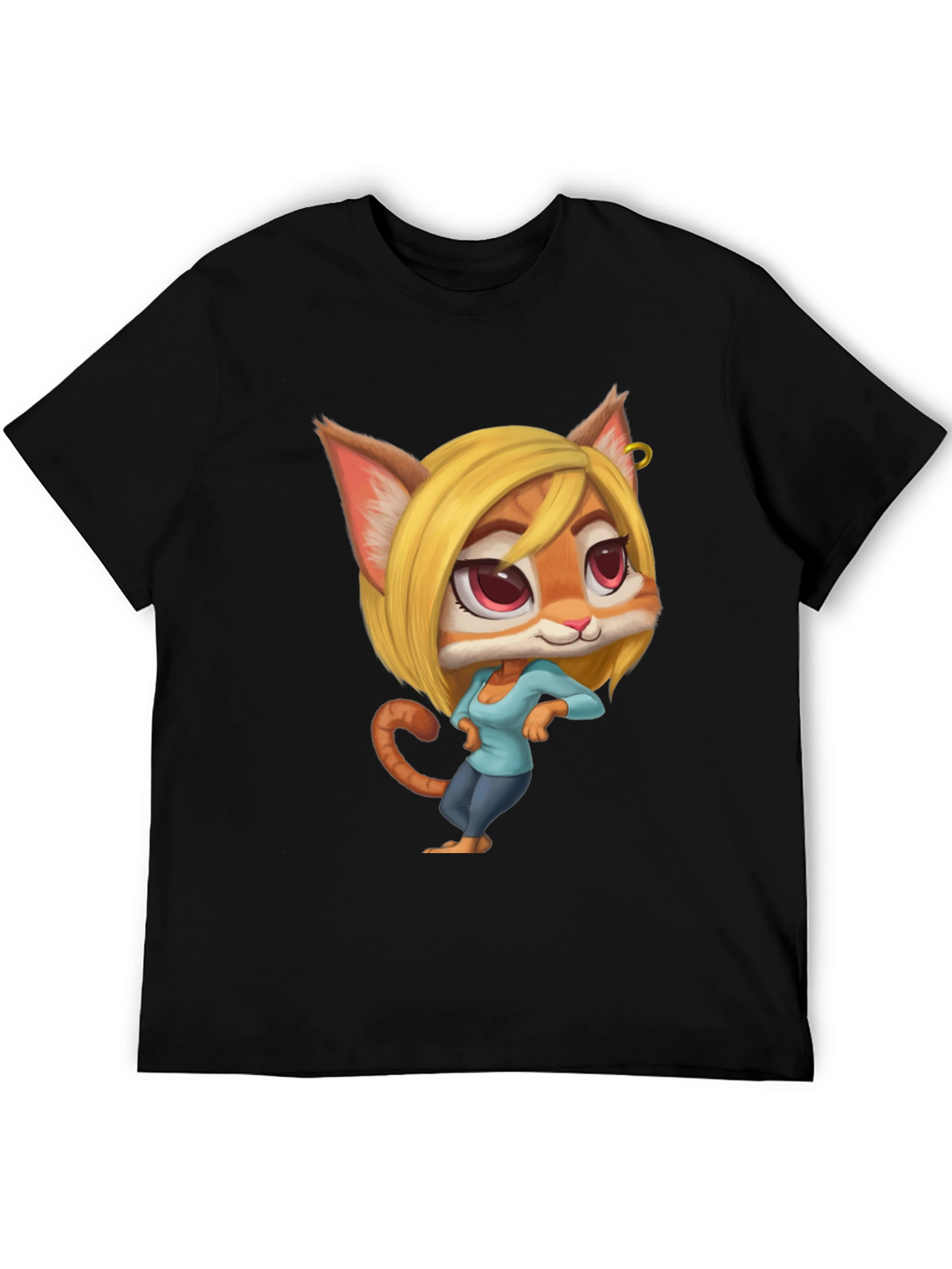 Black Cartoon Cat Girl T-Shirt - Unique Design view 5