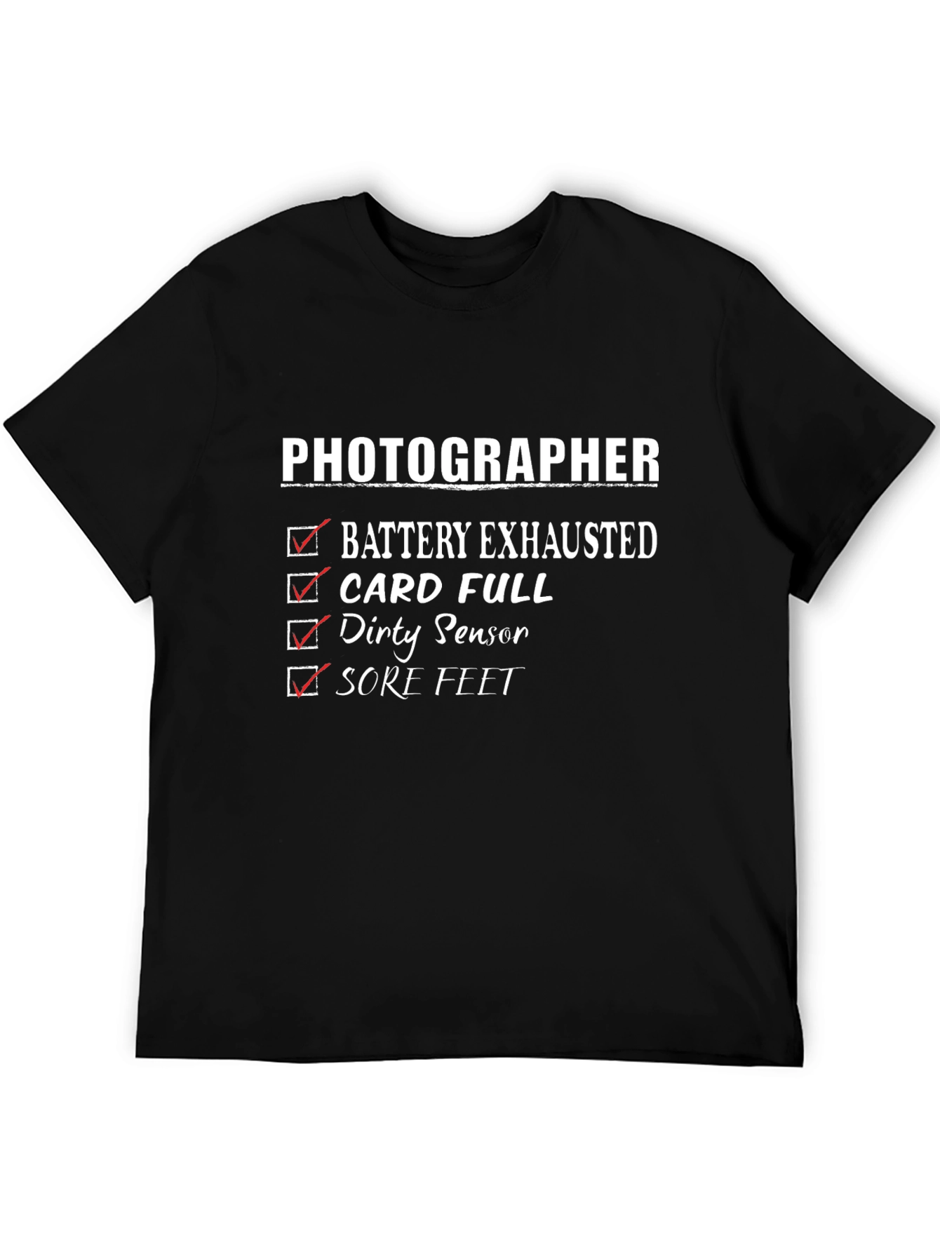 Black Photographer Checklist Graphic T-Shirt - Battery, Card, Sensor, Feet view 5