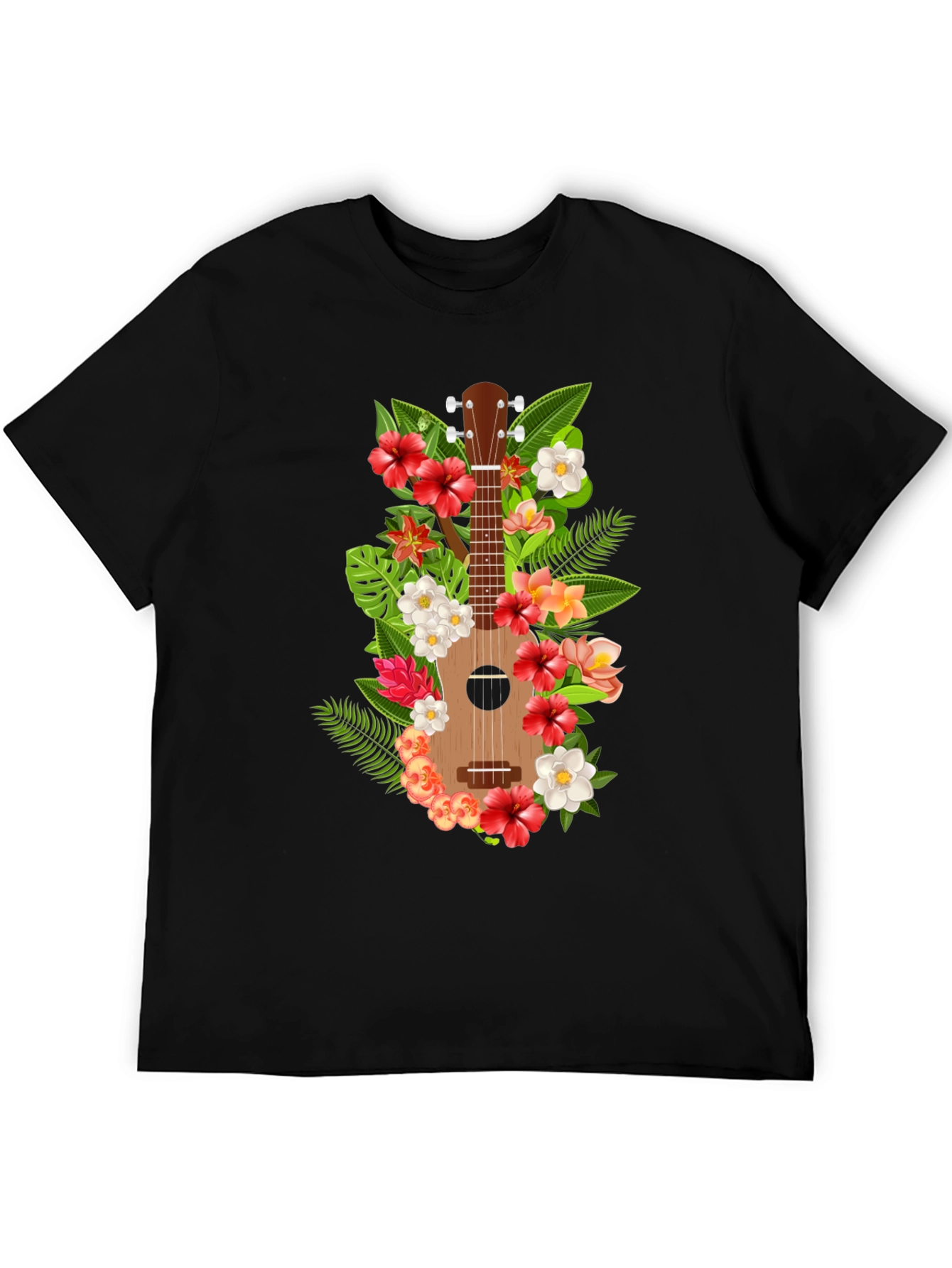 Black Floral Ukulele Black T-Shirt view 5