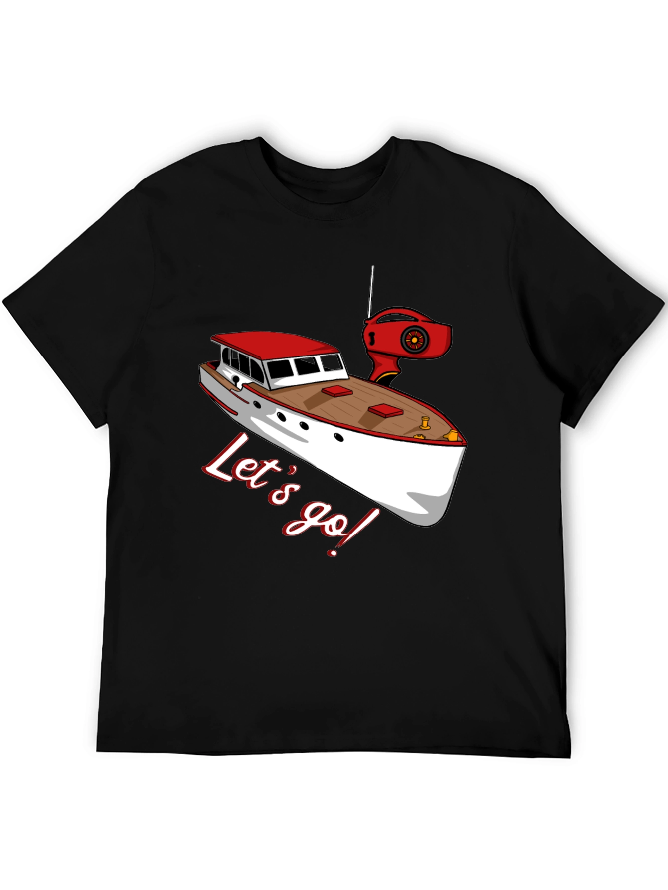 Black Let's Go Boating T-Shirt: Red & White Boat Graphic view 5