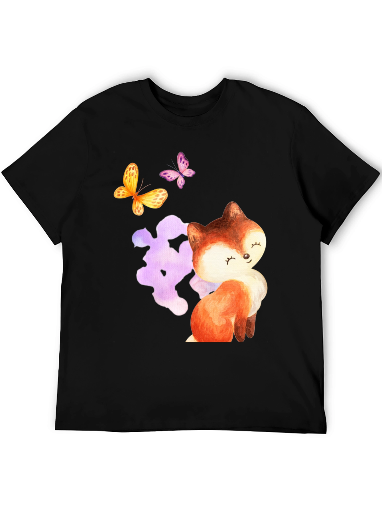 Black Cute Fox & Butterfly Graphic Tee - Stylish Comfort view 5
