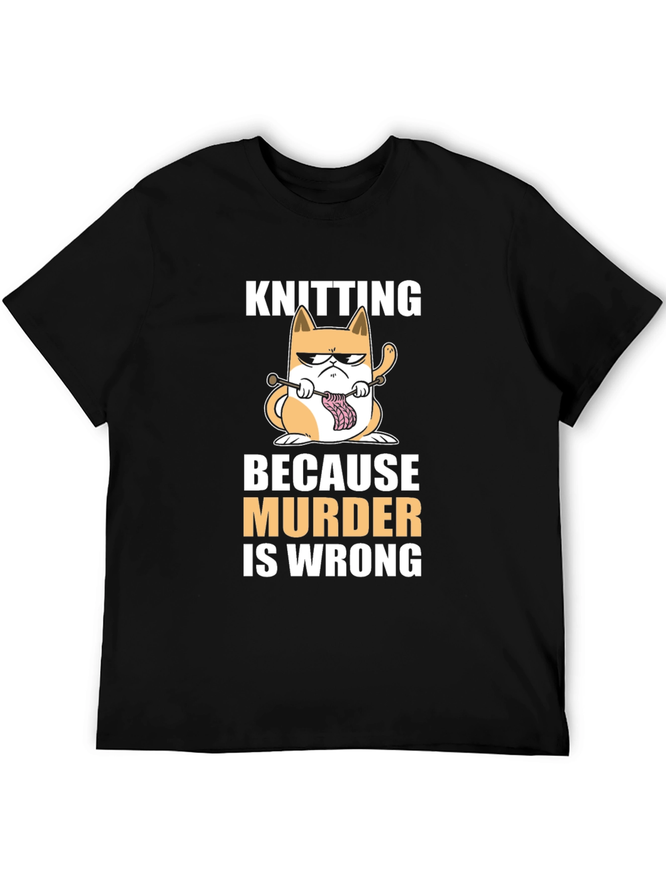 Black Knitting Cat T-Shirt - Because Murder Is Wrong Funny Tee view 5