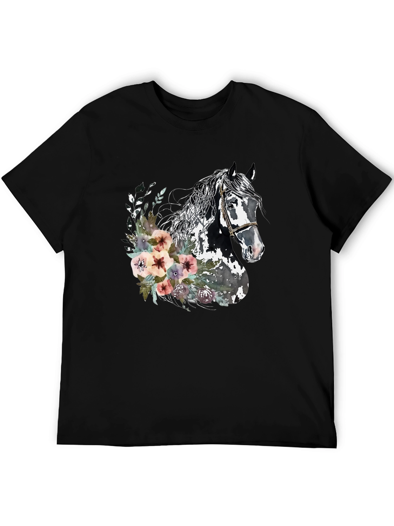 Black Floral Horse Graphic Tee - Unisex Black T-Shirt view 5